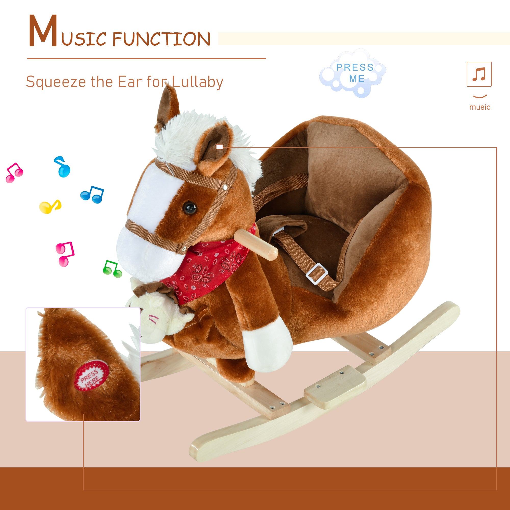 Kids Ride-On Rocking Horse Toy, Rocker with Lullaby Song, Hand Puppets & Soft Plush Fabric for Children 18-36 Months, Brown