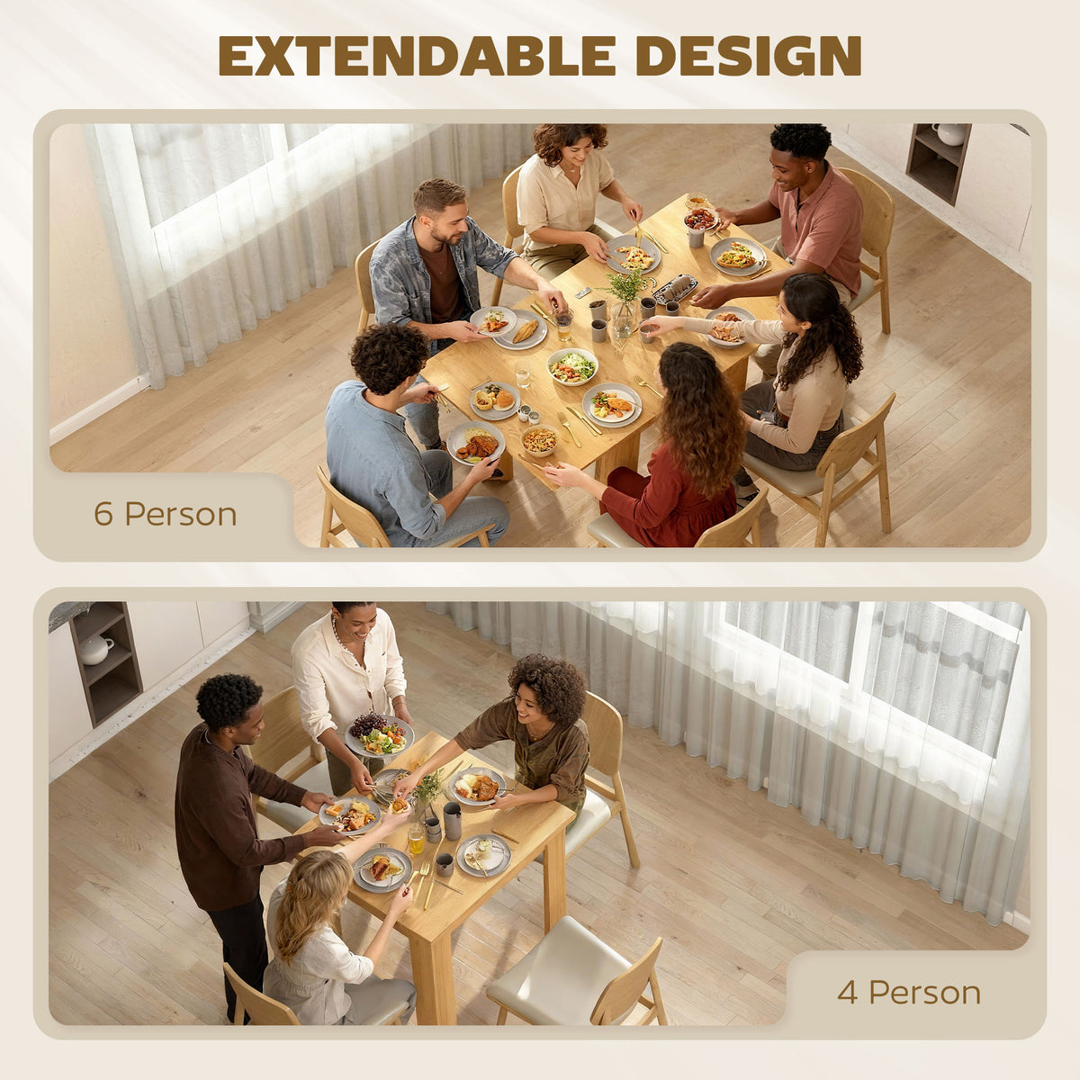 Extendable Table Table for 4-6, Square Folding Dining for Small Spaces, 28"-55" W, Natural