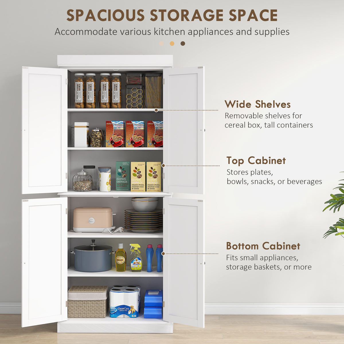 72" Kitchen Cabinet, Pantry Storage Cabinet with Doors and Shelves, Freestanding Food Pantry Cabinet, White