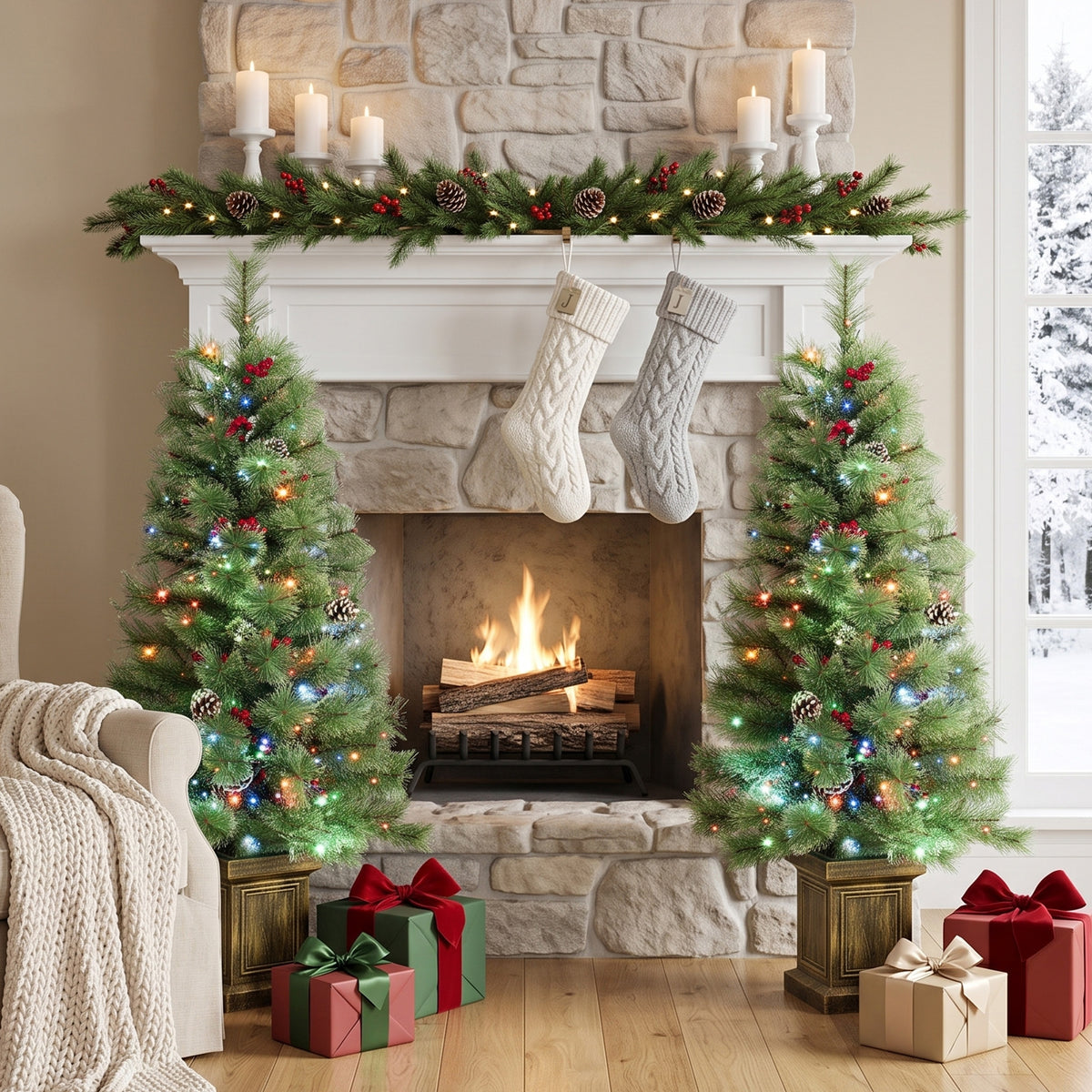4ft Pre-Lit Artificial Christmas Tree Set of 2, Xmas Pine Trees, Dual Colors, Remote, Green