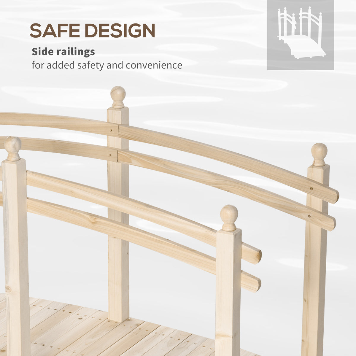 Wooden Arch Garden Bridge, Safety Rails for Backyard Ponds, Creeks, Streams, 7.5' , Natural