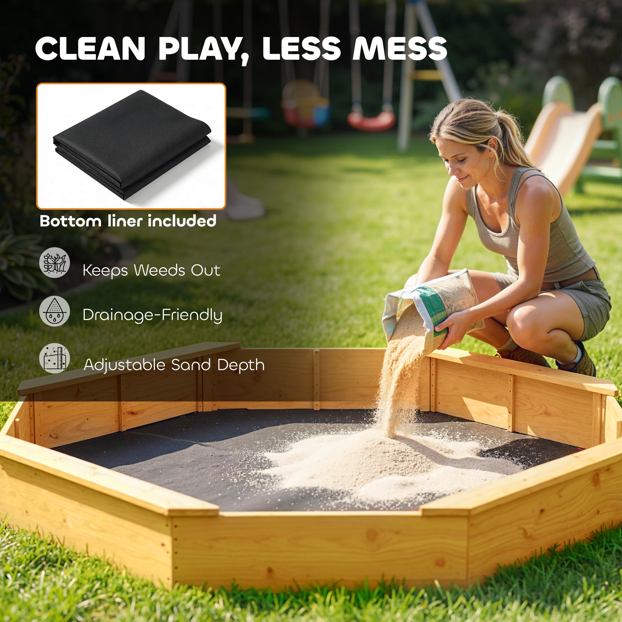 Wooden Sandbox with Large Canopy, Outdoor Sand Box with 4 Bench Seats, Bottom Liner for 8 Kids Aged 3-8, Yellow
