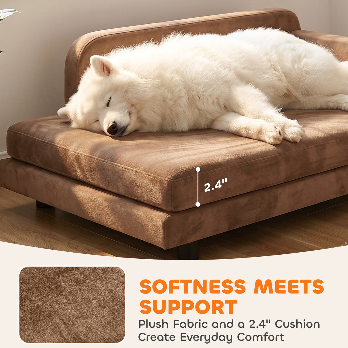 Dog Bed for Large Breeds, Soft Velvet Dog Couch with Removable Cushion, Backrest, Armrest and Low Feet, Brown