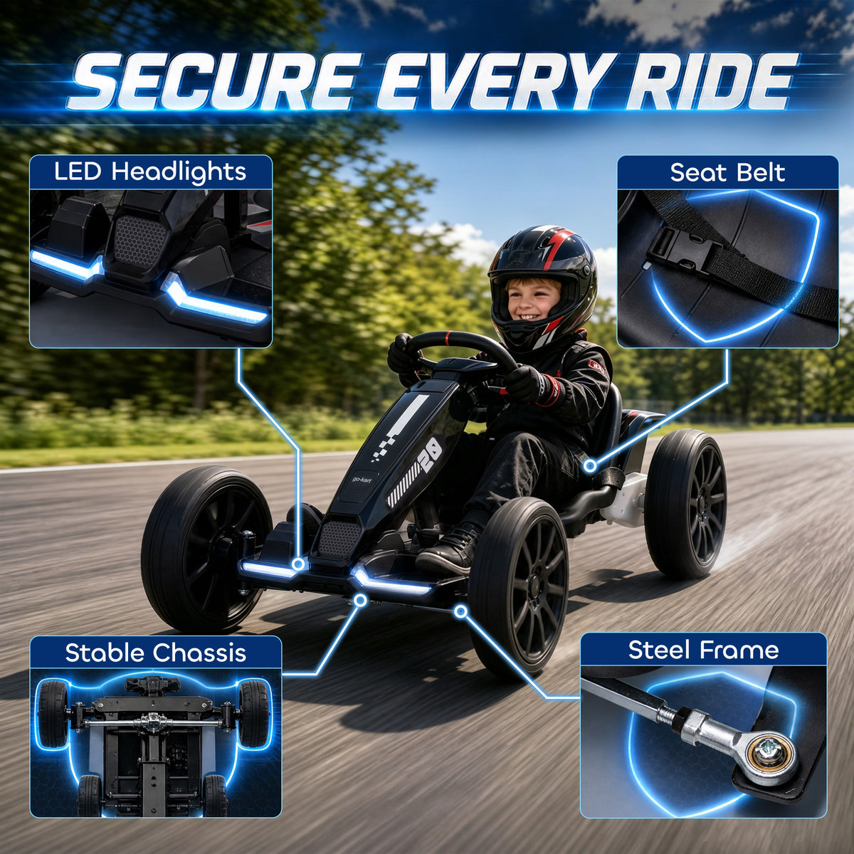 12V Electric Go Kart for Kids with Dual Motors, Adjustable Seat, Soft Start, LED Lights, EVA Wheels, for Age 3-6, Black