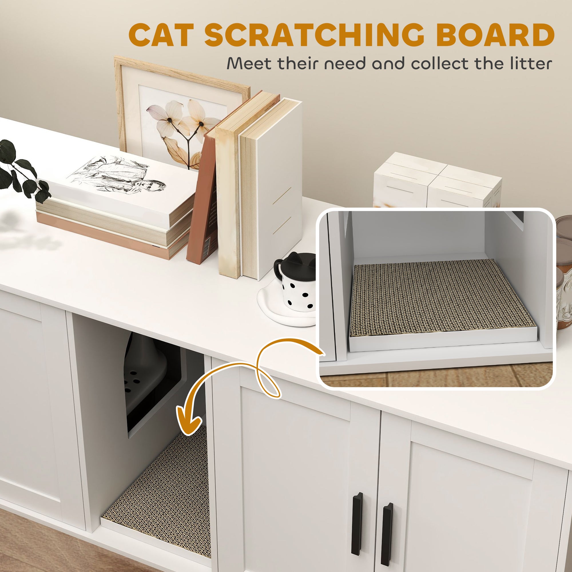 Cat Litter Box Enclosure with Double Room, Scratching Mat for 2 Cats, 57" x 19" x 20", White - White - Image 7