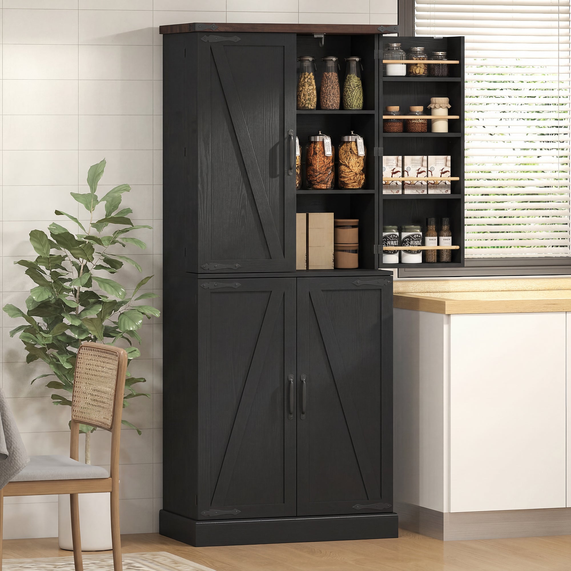 72" Tall Kitchen Pantry Cabinet, Farmhouse Storage Cabinet with 8 Door Racks and Adjustable Shelves, Black