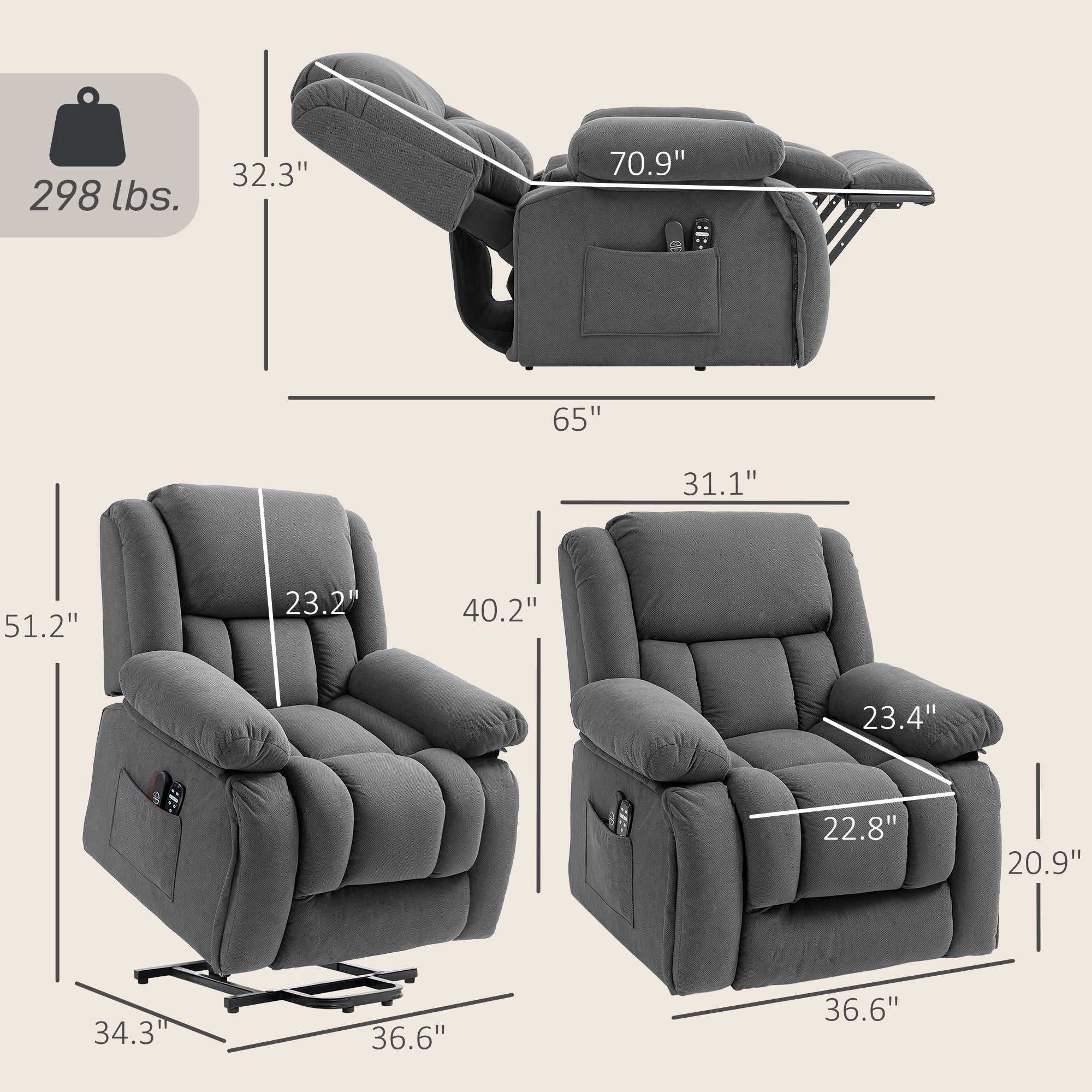 Overstuffed Power Lift Recliner Chair with Vibration Massage and Heat, Side Pockets, Pocket Spring, for Adults, Gray