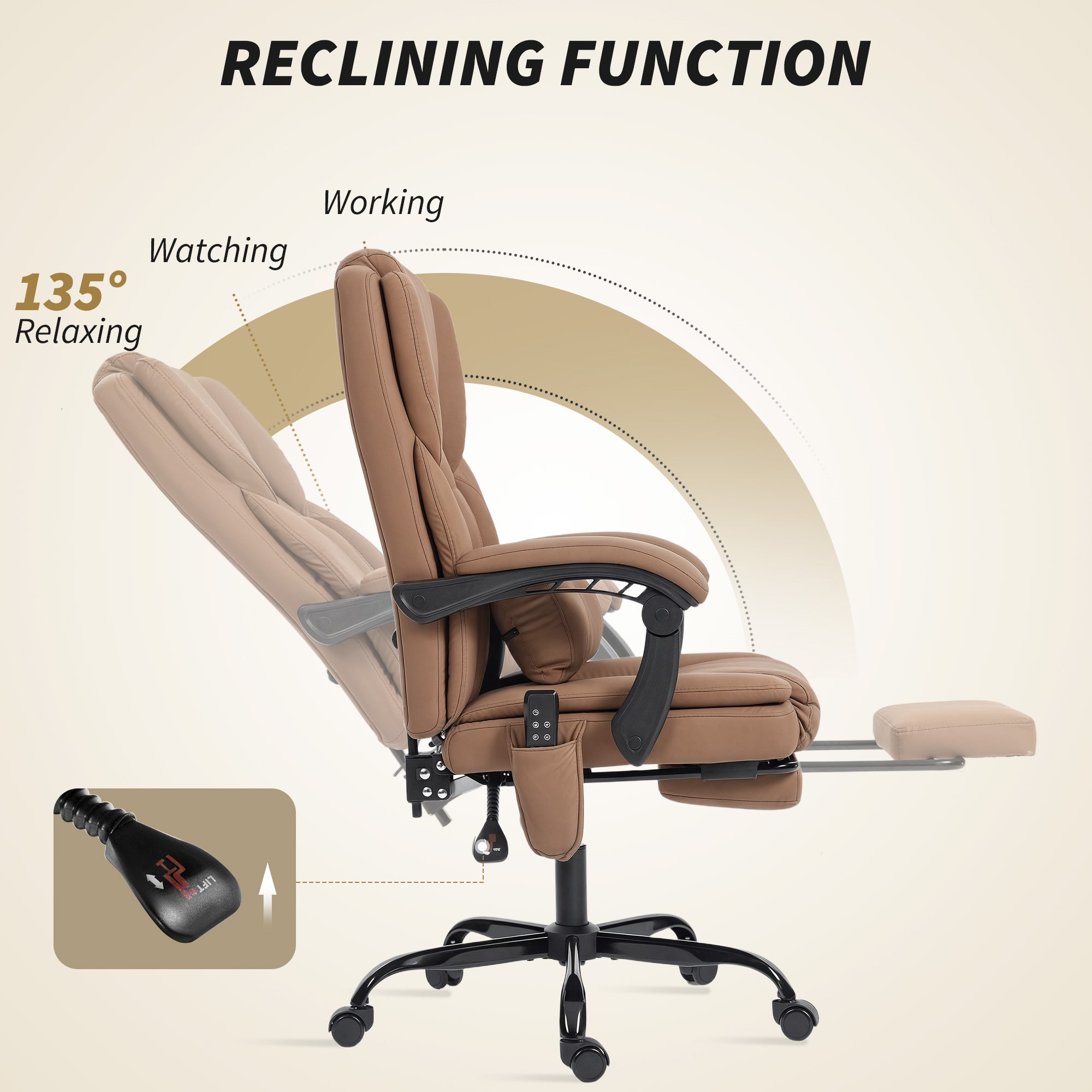 Office Chair with Massage, Pet-Friendly Faux Leather Reclining Desk Chair with Lumbar Support, Footrest, Brown
