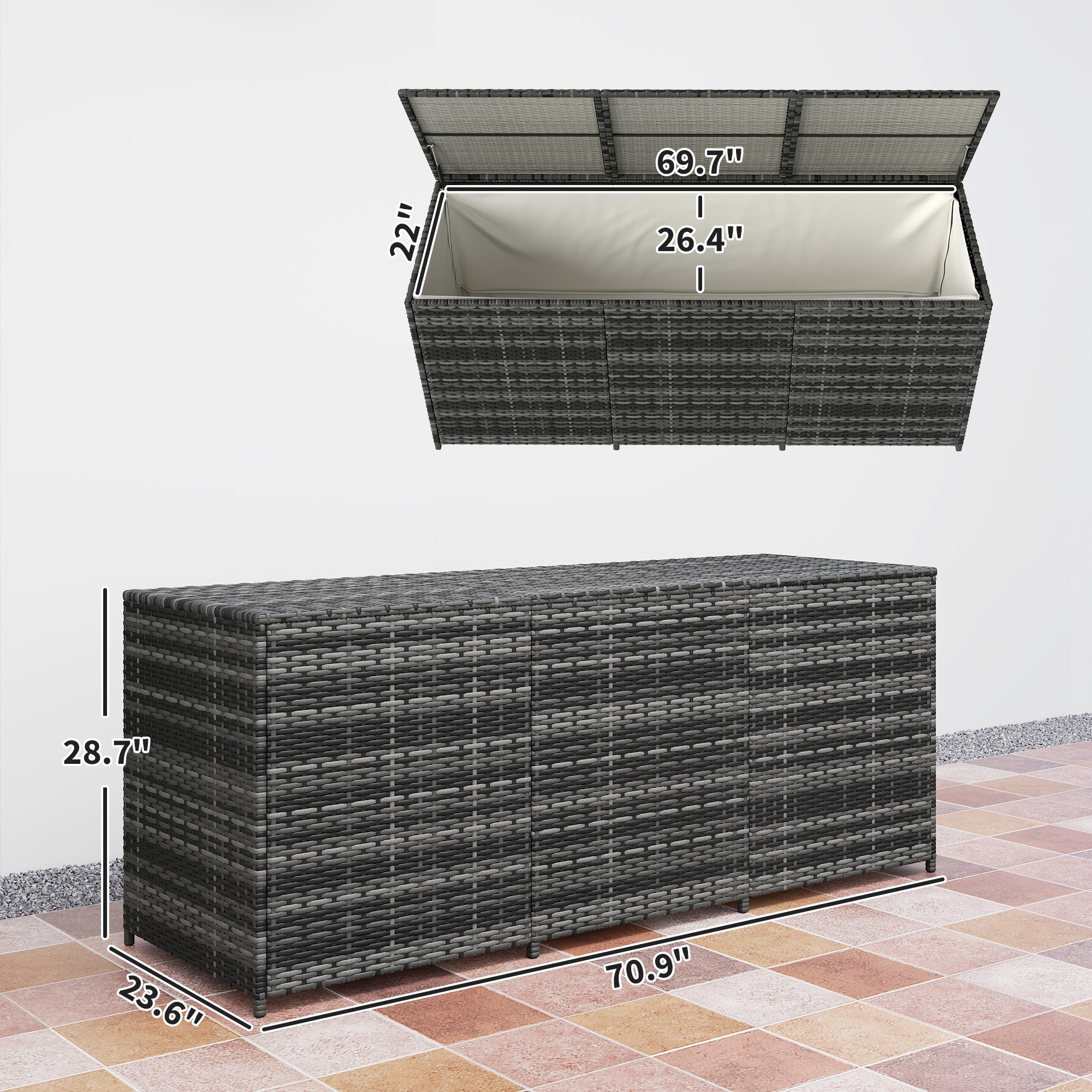 175 Gallon Outdoor Storage Box with Inner Liner, PE Rattan Wicker Deck Box with Pneumatic Bar Lift, Mixed Gray - Gray - Image 3