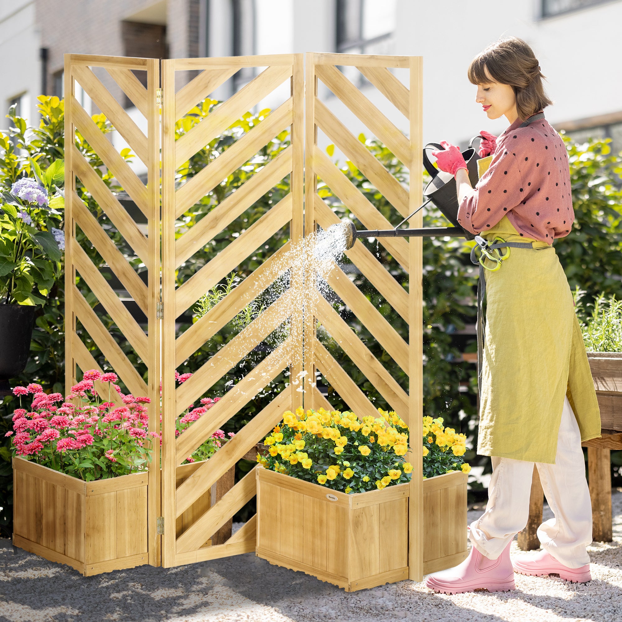 Decorative Outdoor Privacy Screen, Freestanding Divider/Separator with 4 Self-Draining Planters, 3 Trellis Plant Support Panels for Garden Walkway, Backyard, Natural Wood - Natural wood finish - Image 2