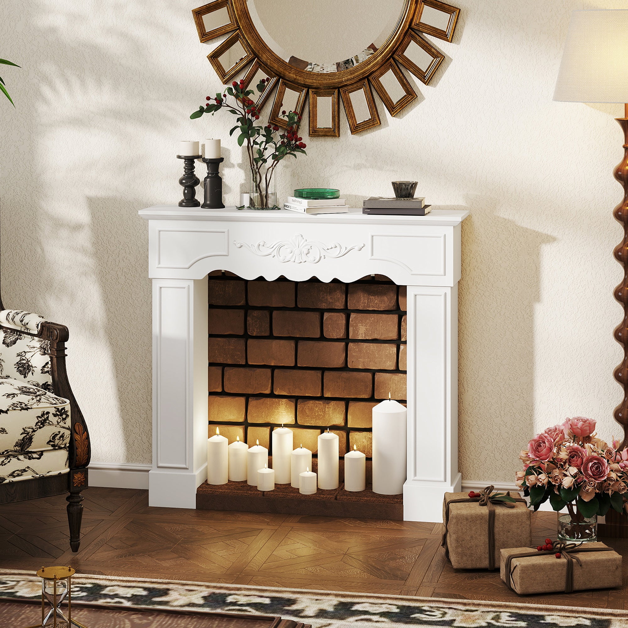 Baroque Fireplace Mantel, Freestanding Fireplace Surround with Leg for Electric Fireplaces, 43.3" W x 39.8" H, White