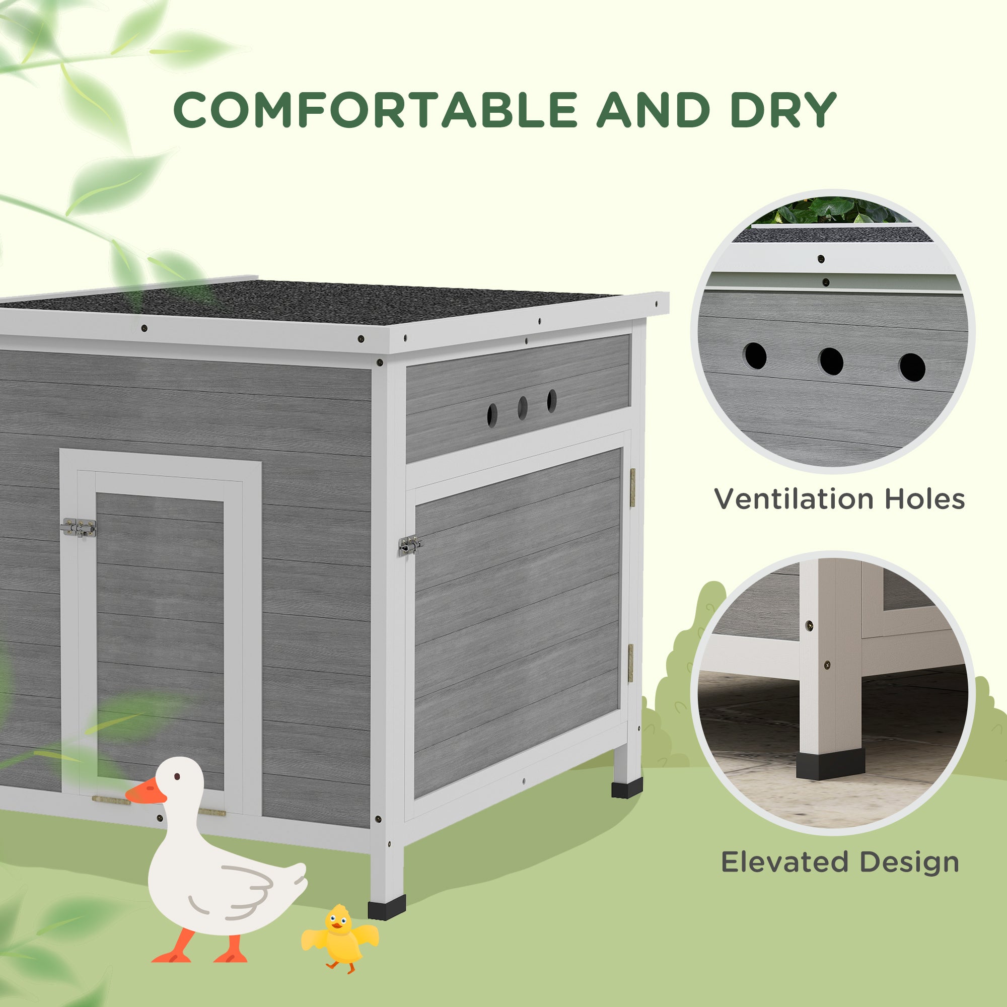 Wooden Duck Coop with Openable Roof, Removable Floor, Double Doors, Ramp, for 2-4 Ducks, Chickens, 25" x 32" x 30" - Light Gray - Image 5