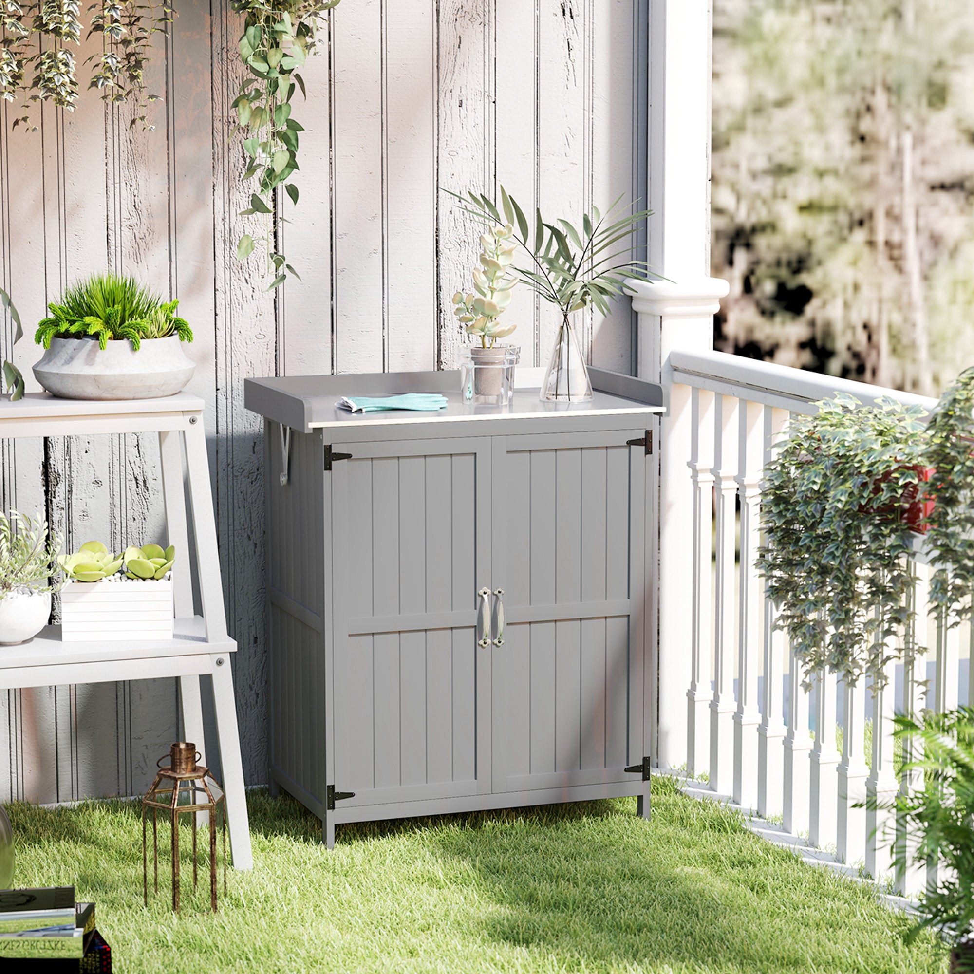 Outdoor Storage Cabinet, Garden Tool Shed with Metal Tabletop and Shelf, Wooden Potting Bench with 2 Doors, Gray - Gray - Image 2