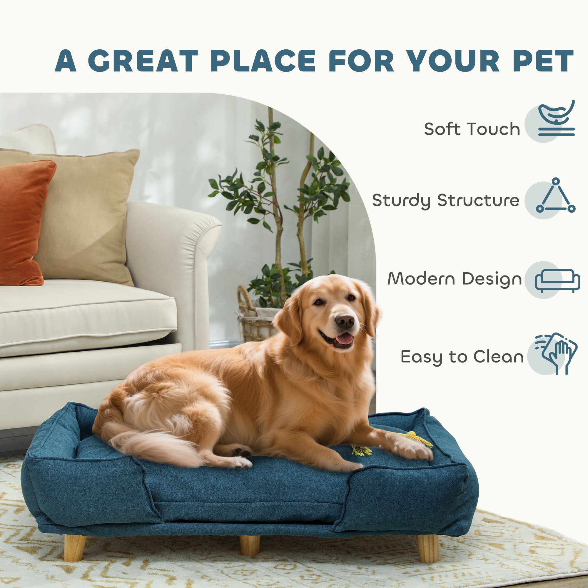 Raised Dog Couch with Comfortable Cushion, Pine Wood Legs, Foot Pads for Large-Sized Dogs Indoor Use, Dark Blue - Blue - Image 7