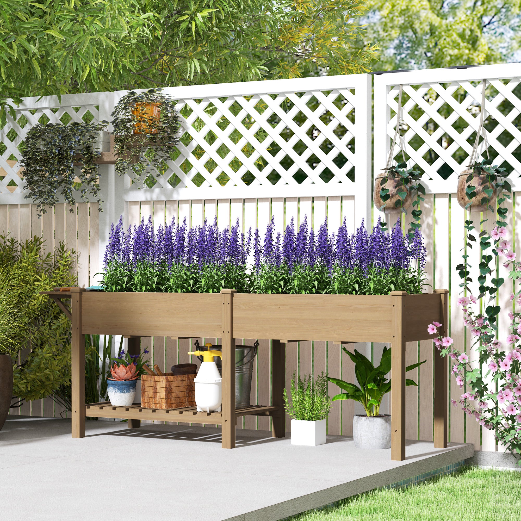Wood Raised Garden Box, Elevated Garden Bed with Side Table, Bottom Shelf, Bed Liners and Drainage Holes, Carbonized - Carbonized - Image 2