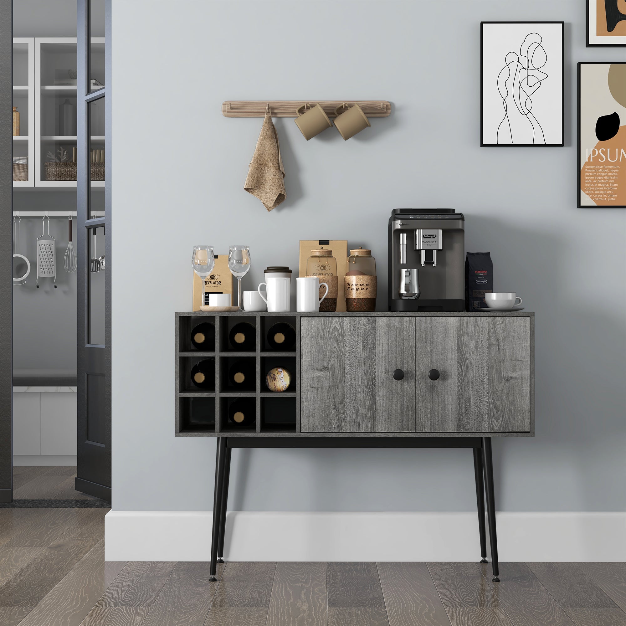 Coffee Bar Cabinet 9-Bottle Wine Rack and Adjustable Shelf, Sideboard Buffet Cabinet Wine Cabinet for Living Room