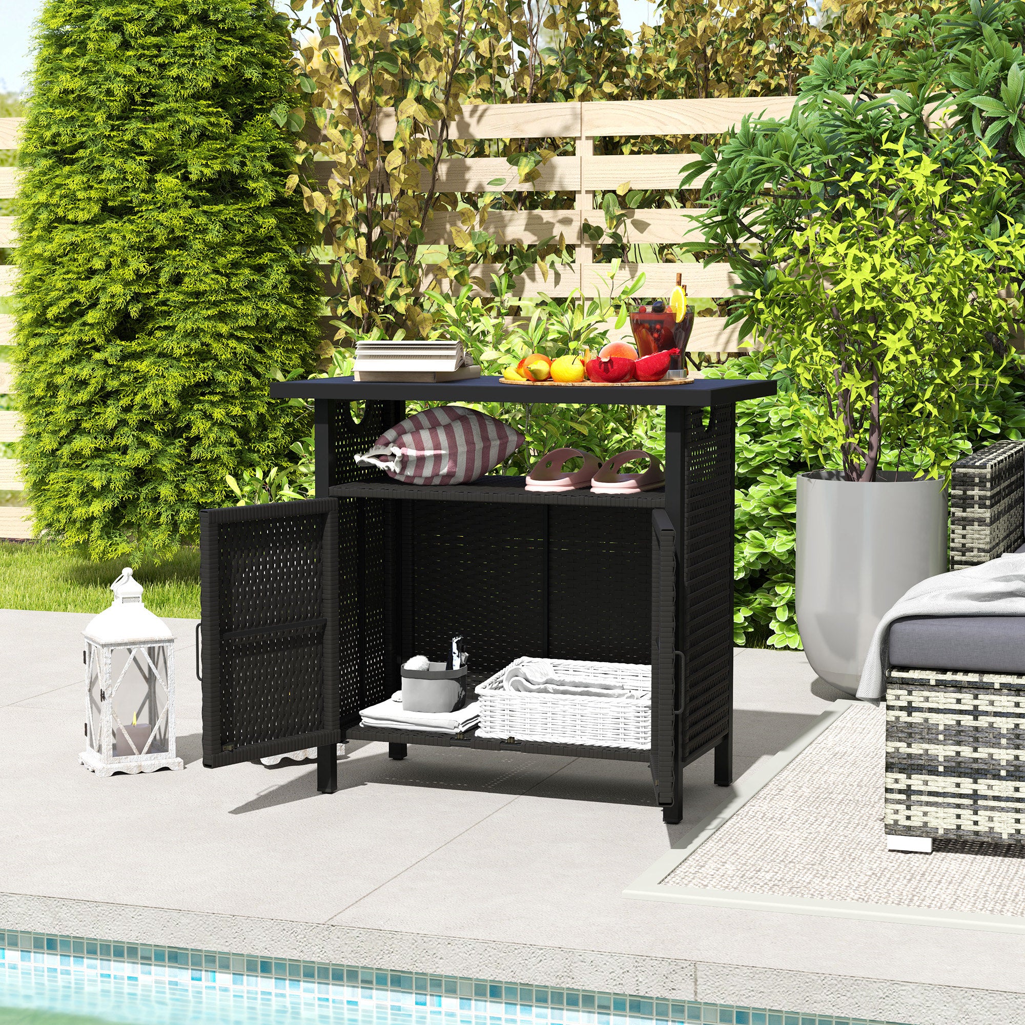 Outdoor Pool Towel Storage Cabinet Organizer, Outdoor Bar Table with Shelf and Cabinet, Pool Towel Holder Pool Valet with Weather-Resistant PE Rattan and Steel Frame, Espresso - Espresso - Image 8