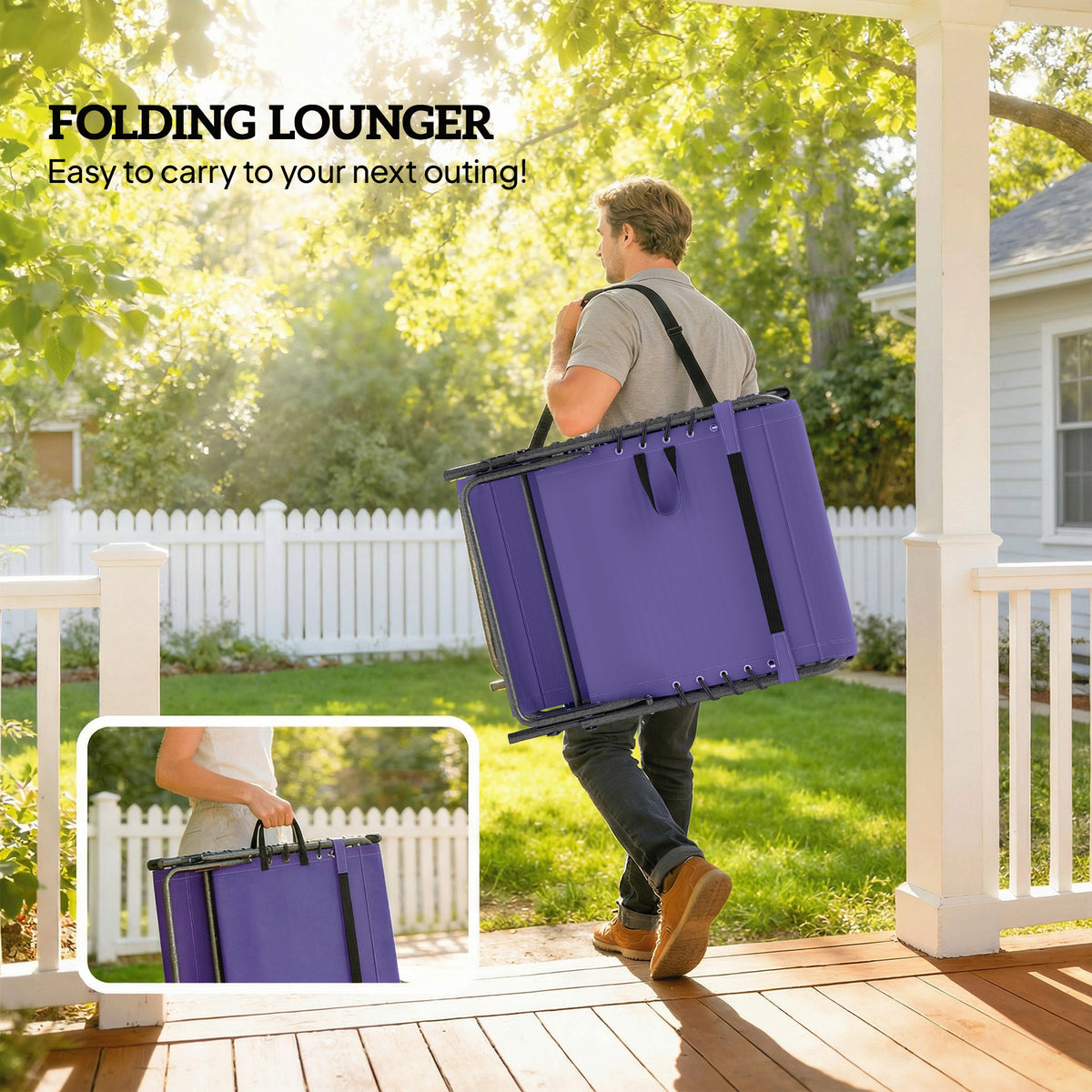 Folding Outdoor Chaise Lounge Chair Tanning Chair with 5-Level Adjustable Back, Side Table, Pillow, Pocket, Purple