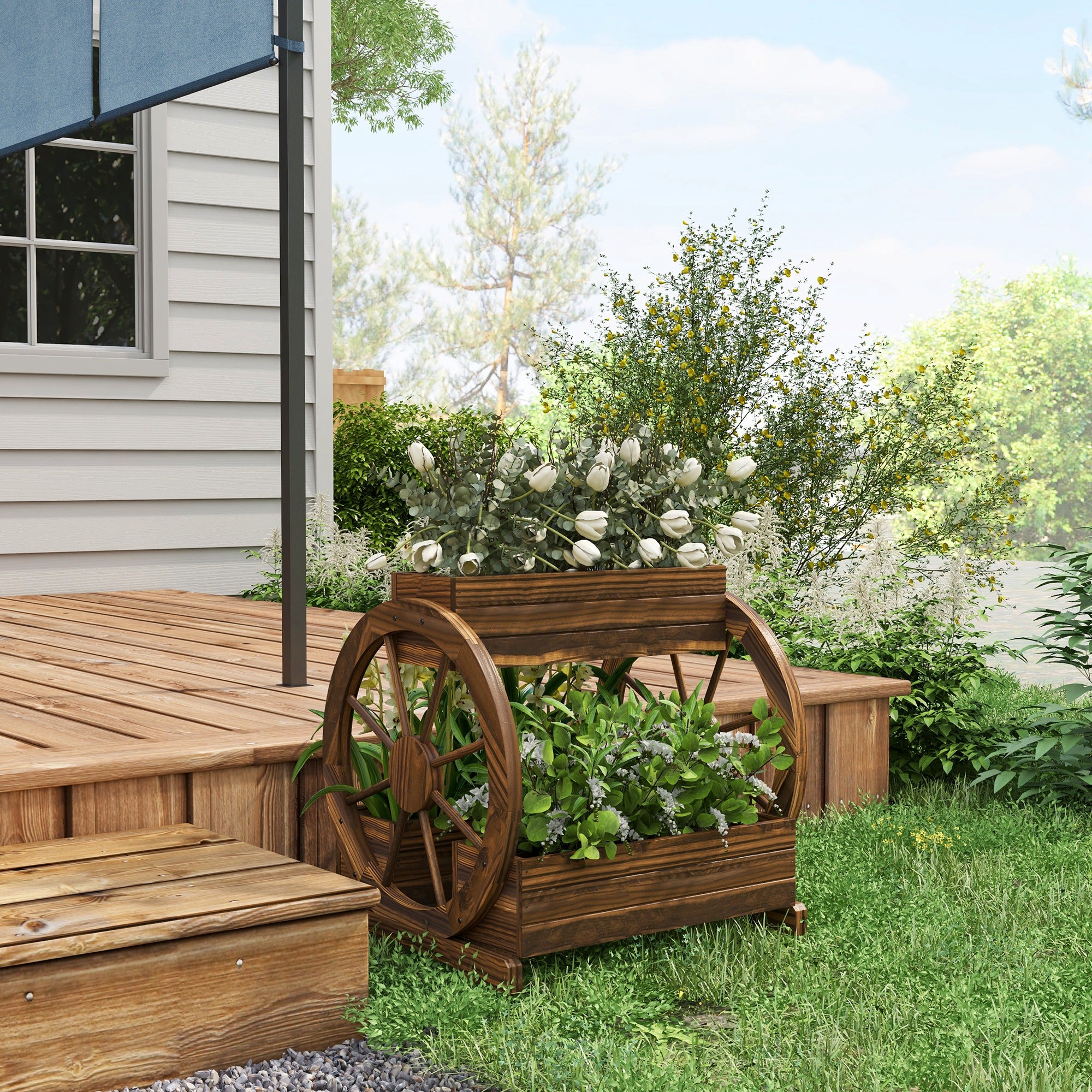 Wooden Wagon Planter Box, 3-Tier Raised Garden Bed, for Vegetables Flowers Herbs, 25" x 21" x 24" - Carbonized - Image 7