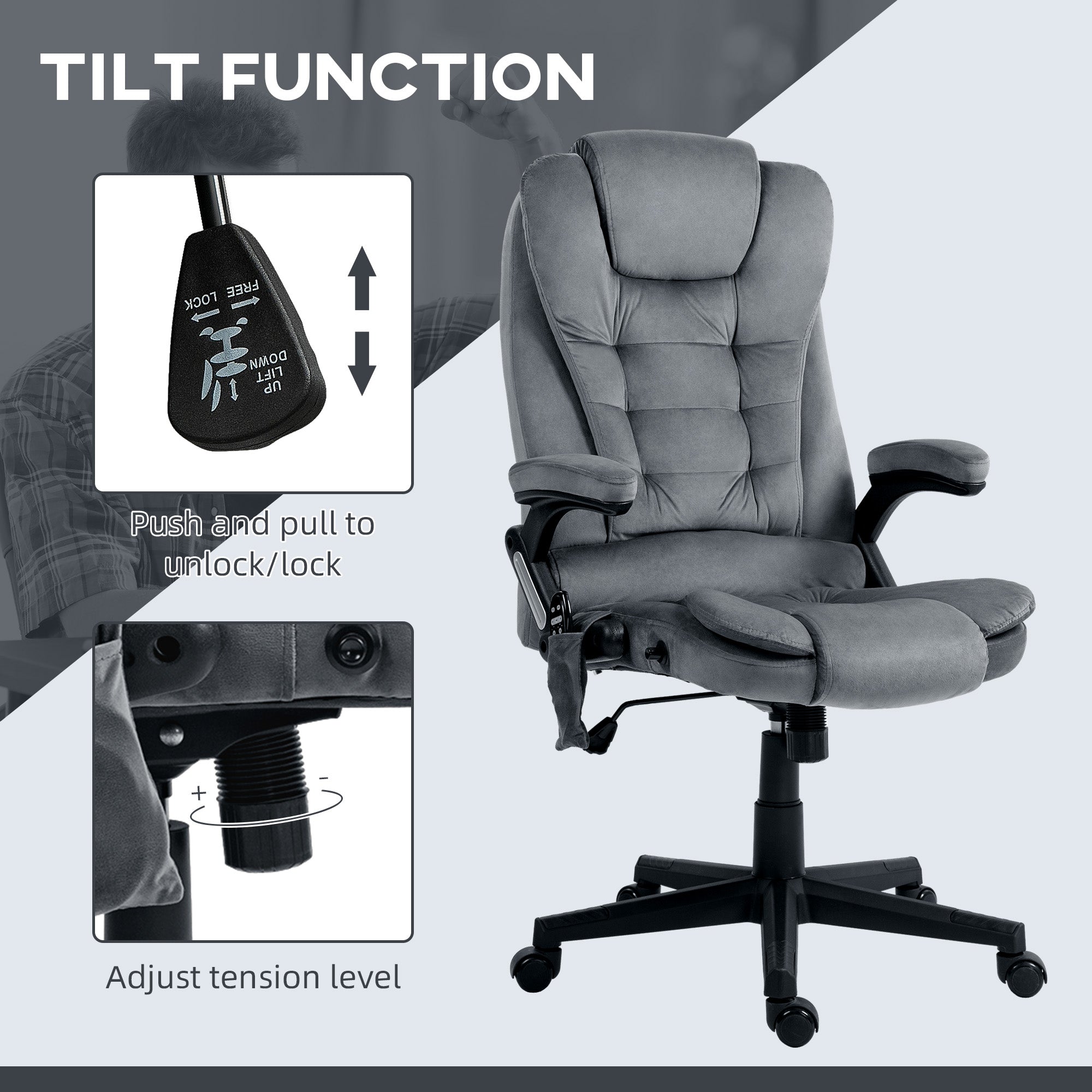 6 Point Executive Office Chair with Heat, Velvet High Back Vibrating Massage Office Chair, Dark Gray