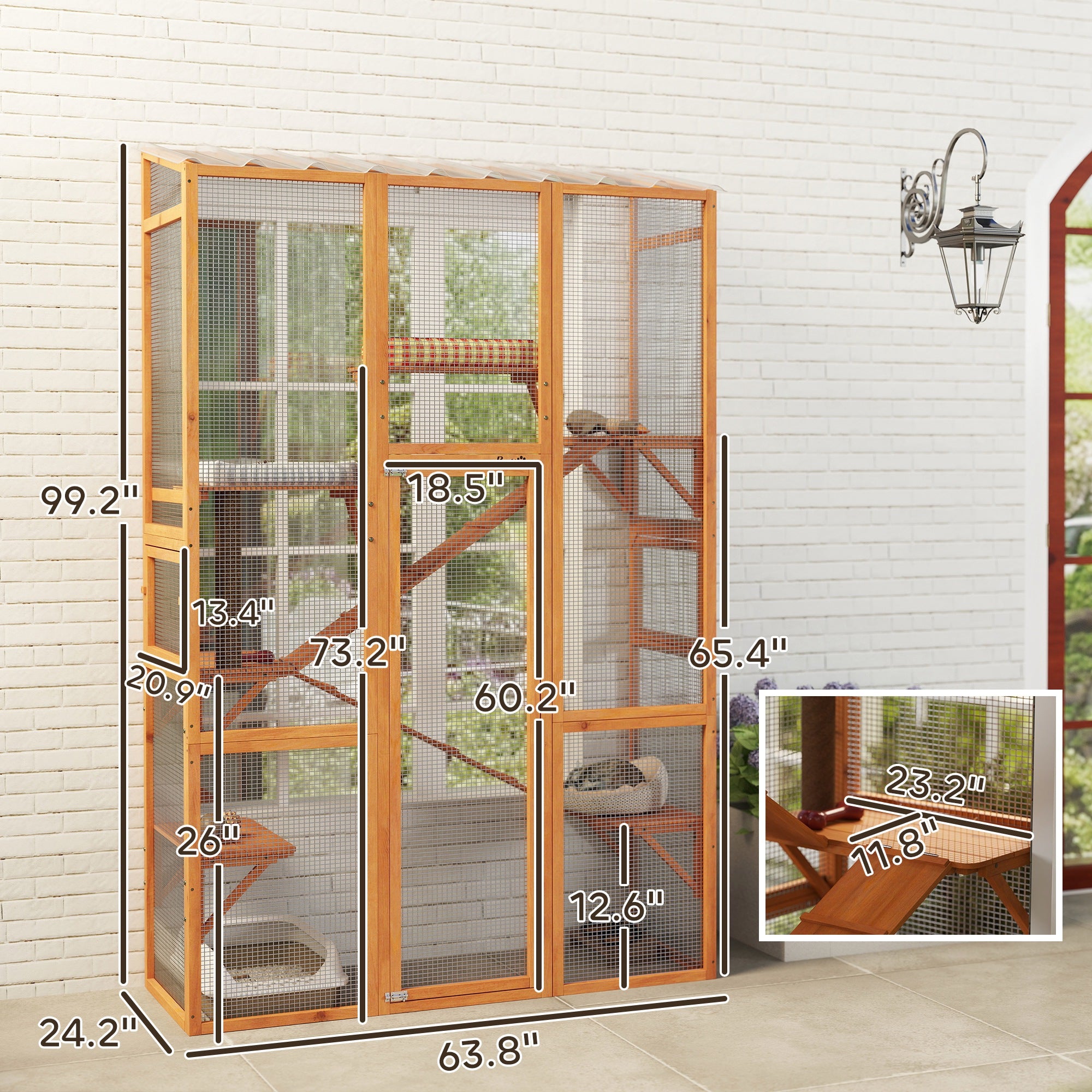 Outdoor Catio Cat Enclosure, Large Wooden Cat House with 6 Jumping Platforms, Scratching Post, 2 Ramps, for 2-3 Kittens - Orange - Image 3