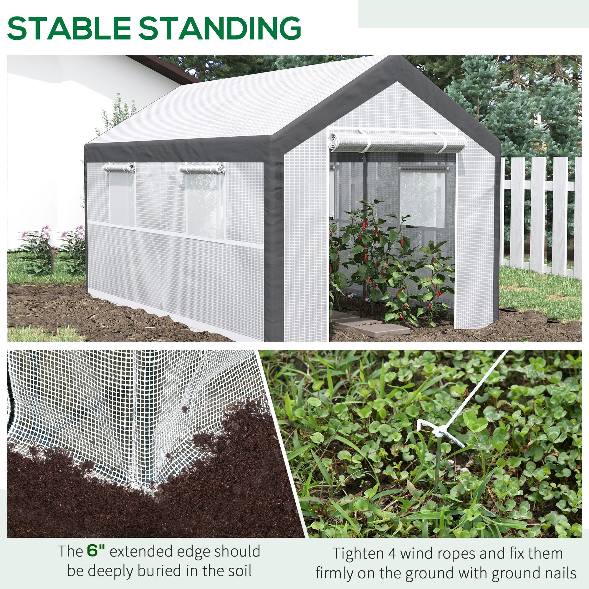 12' x 7' x 7' Greenhouse, Walk-in Outdoor Tunnel Green House with PE Cover, Steel Frame, 2 Roll-Up Zipper Doors & 4 Windows for Flowers, Vegetables, Tropical Plants, White/Dark Gray - White - Image 6