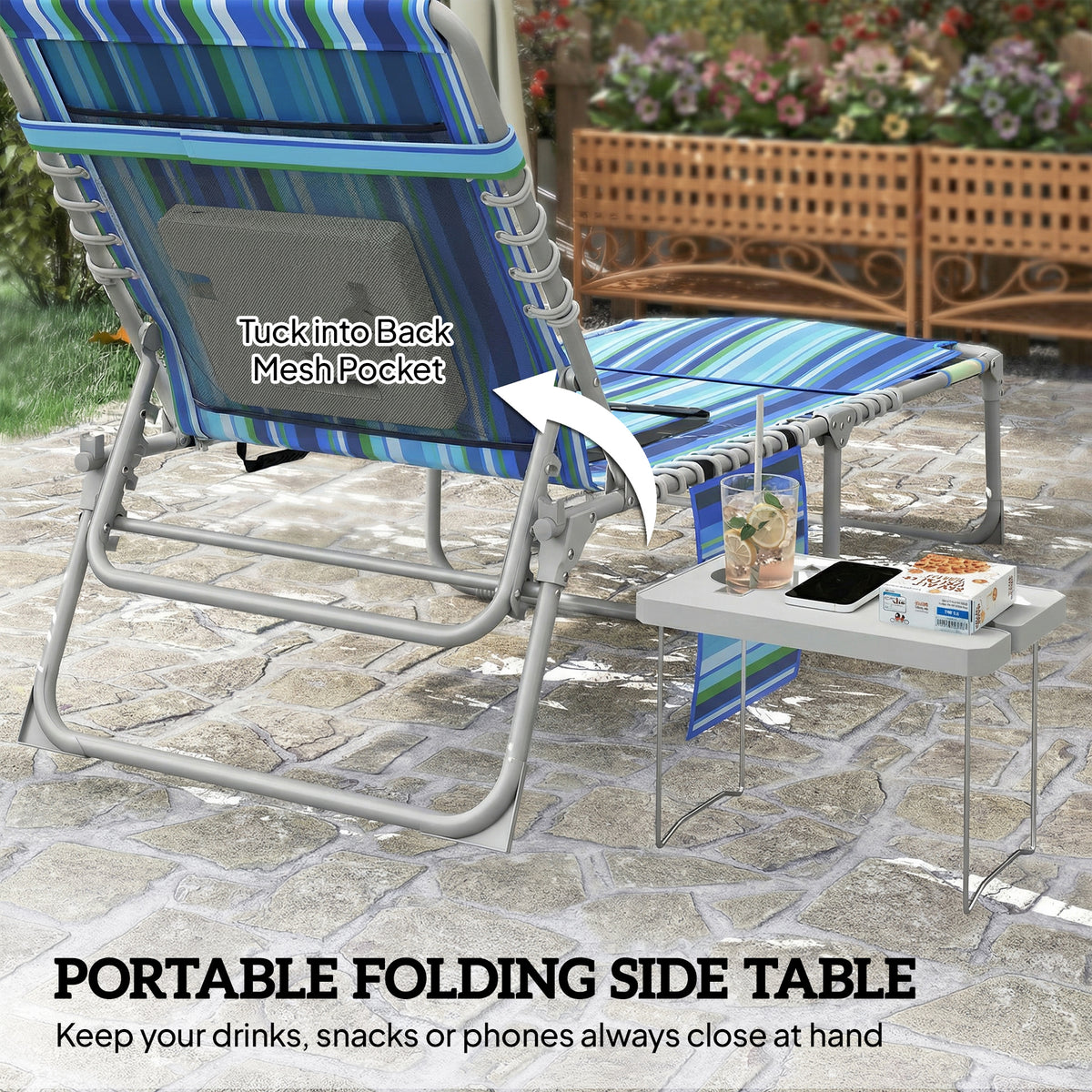 Tanning Chair Set of 2 with Face Hole and Side Table, 5-Position Folding Outdoor Chaise Lounge Chair, Blue Stripe