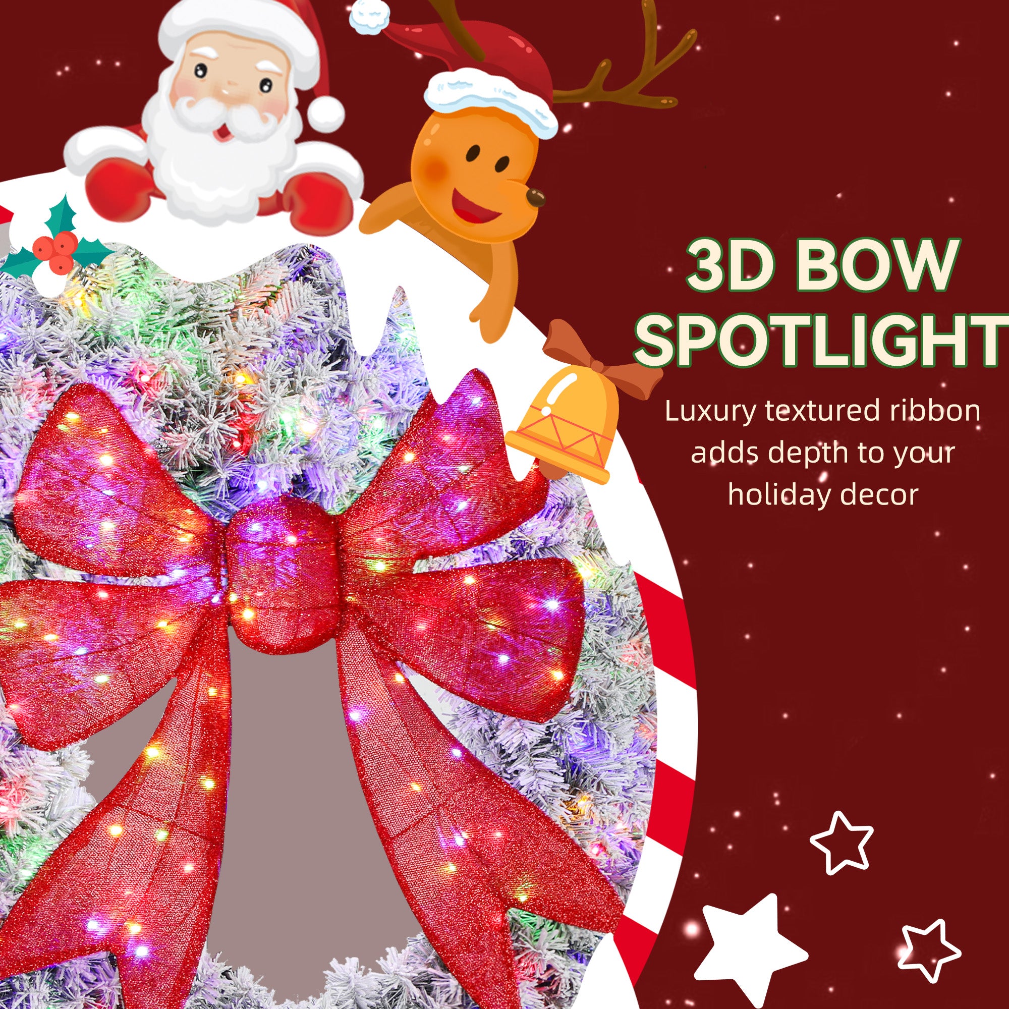 36in Flocked Pre-Lit Christmas Wreath with 3D Red Bow, 11 Lighting Modes, Front Door Christmas Wreath with Remote