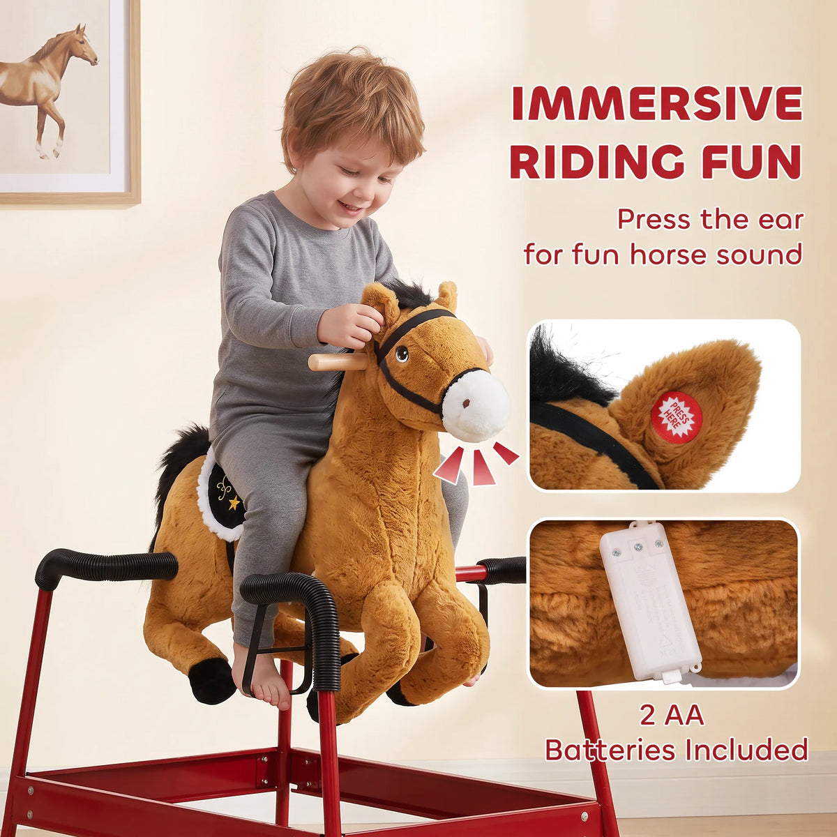 Kids Spring Rocking Horse, Ride on Horse with Neighing Sounds, Plush Animal Ride on Toy for Ages 3+ Years, Brown