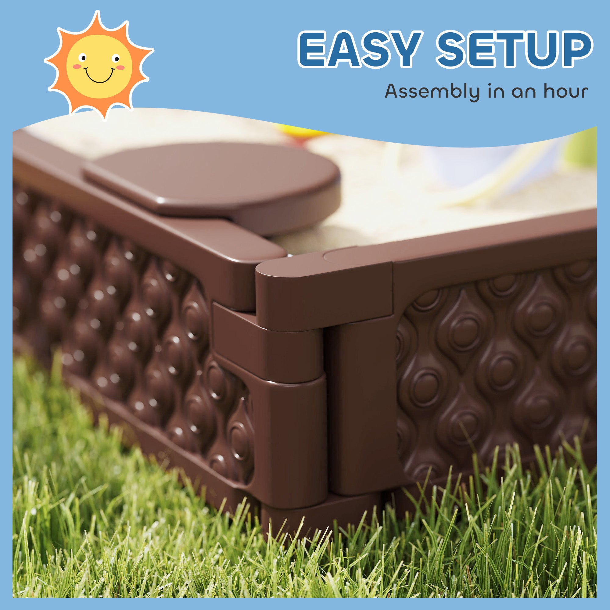 Kids Sandbox with Cover, 4 Corner Seats, Bottom Liner for Backyard, Garden, Outdoor, 73" x 47" x 9", Dark Brown
