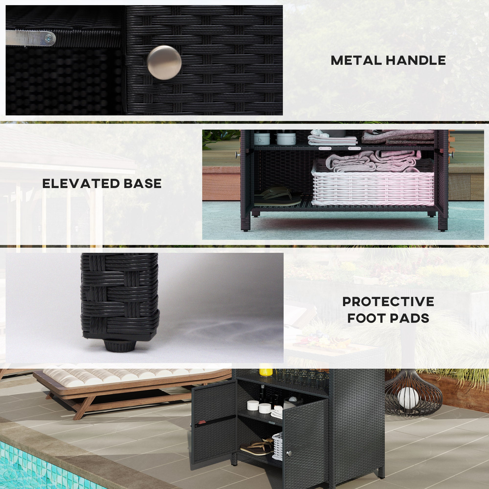 Outdoor Storage Cabinet with Acacia Wood Top, Two Doors, Shelf, Wicker Bar Table for Pool Towel Storage, Black - Black - Image 7