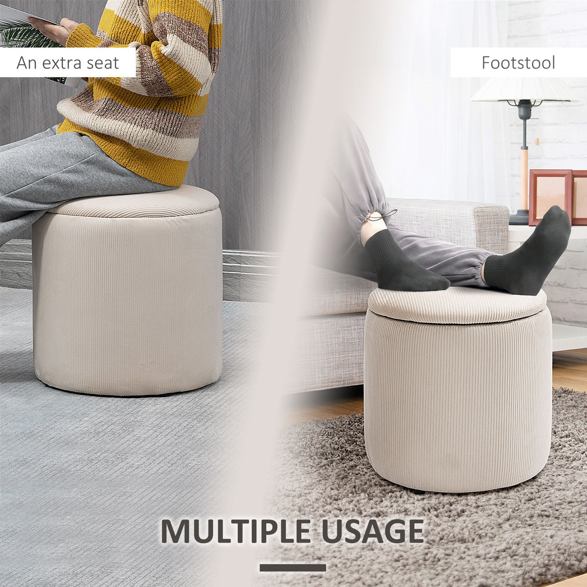 Corduroy Stool, Ottoman with Storage Set of 2, Removable Wood Lid, Hidden Space, Cream White