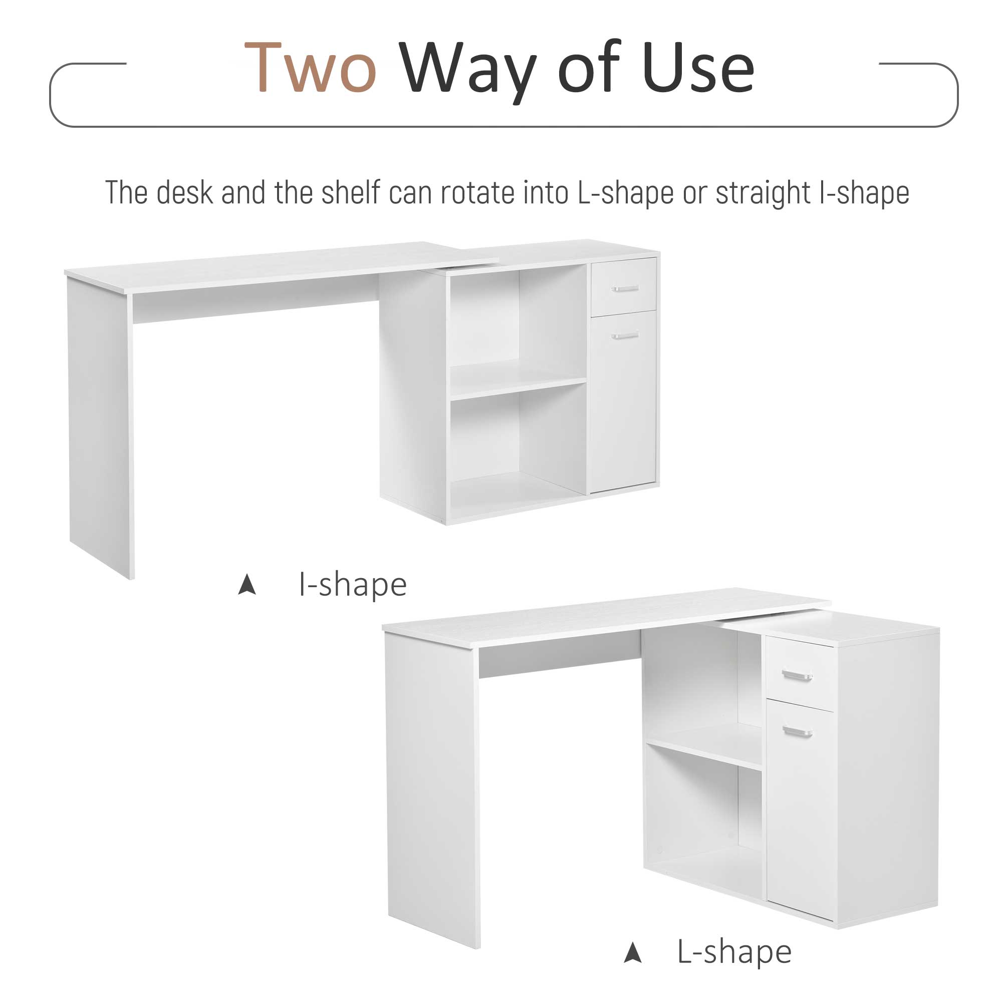 L Shaped Computer Desk, 180° Rotating Corner Desk with Storage Shelves, Drawer and Cabinet, Study Workstation for Home Office, 47.25"x19.75"x 53.75", White