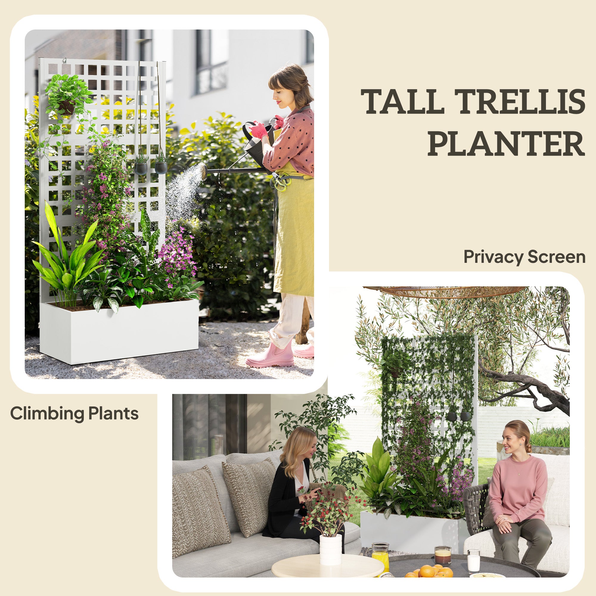 Galvanized Raised Garden Bed Planter Box with Trellis for Climbing Plants, Vegetable, Vines, 35" x 16" x 70", White - White - Image 5