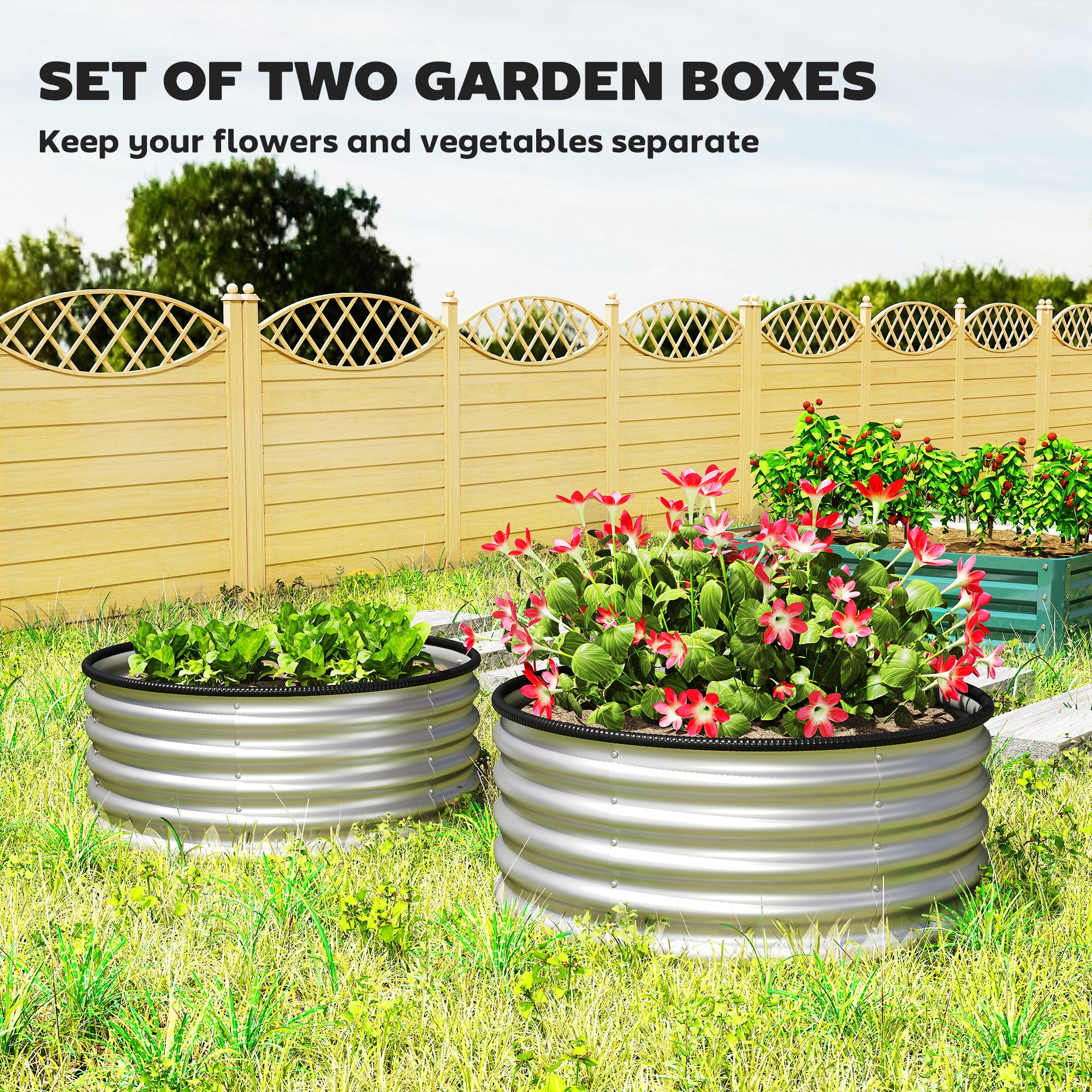 Set of 2 Raised Garden Bed, Metal Planter Box with Safety Edging, Easy-to-assemble Stock Tank 3'x3'x1.4' Silver - Silver - Image 4