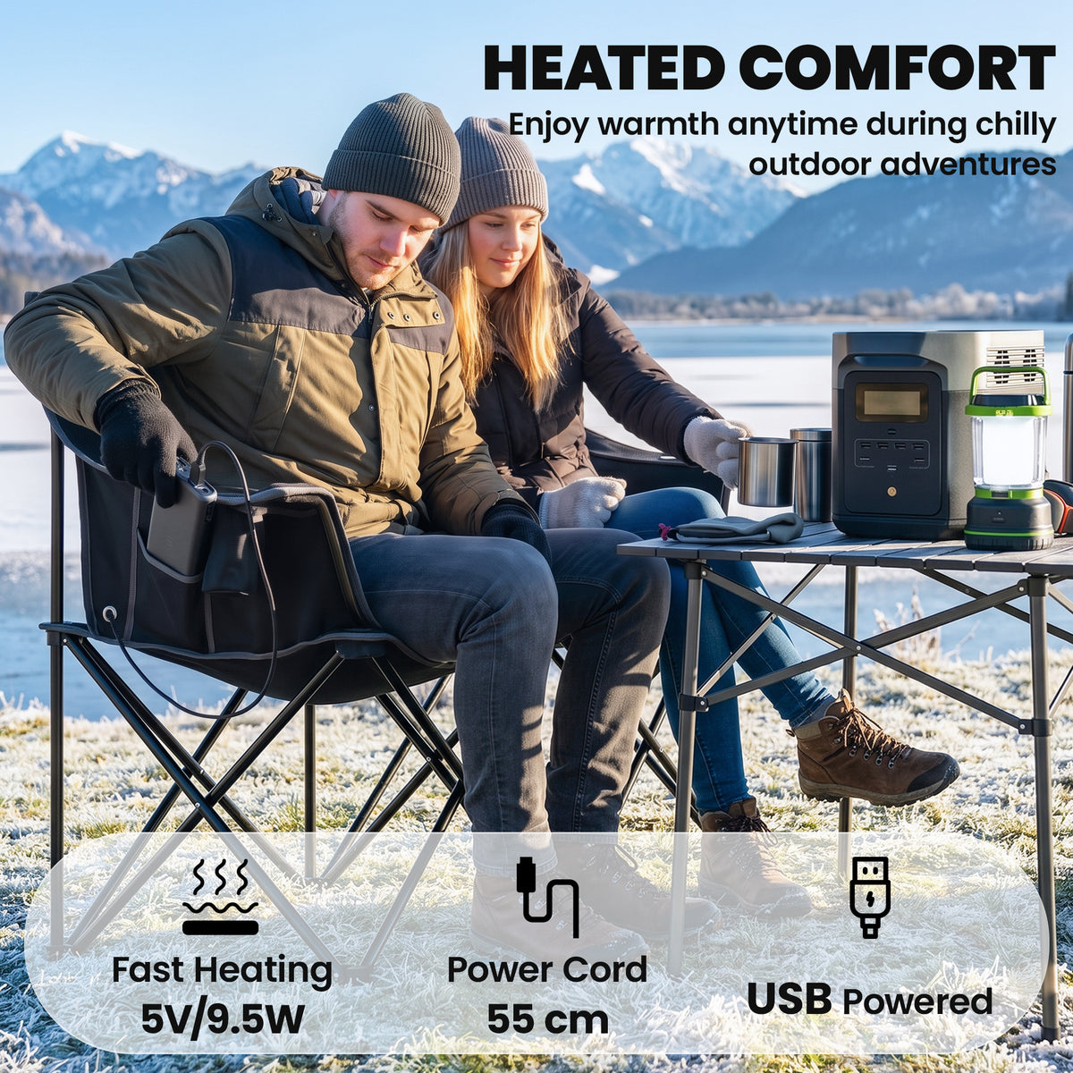Heated Double Camping Chair, Oversized Folding Padded Camp Loveseat Couch with 3 Heat Levels and 4 Heating Zones