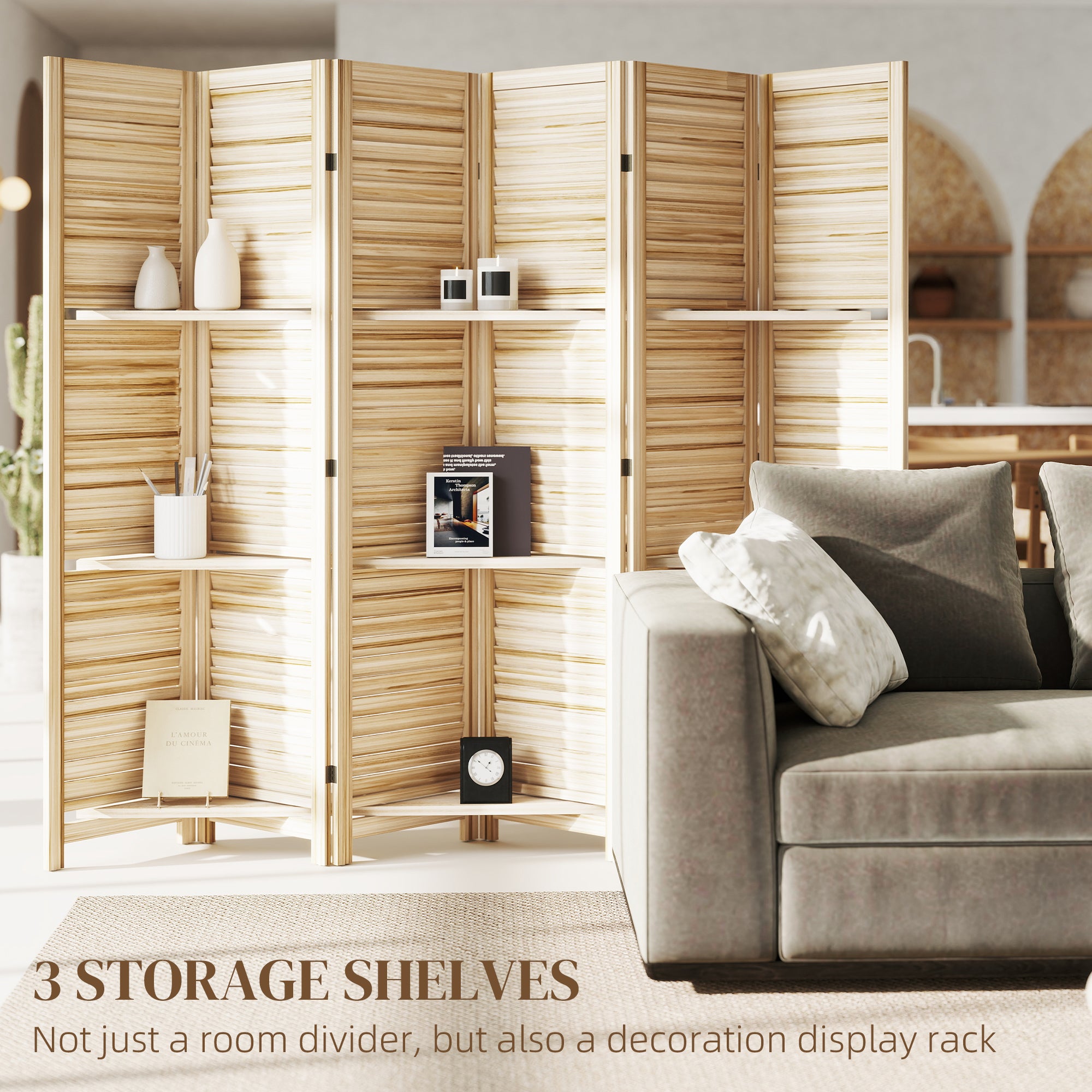 6 Panel 67" Tall Wood Privacy Screen Room Divider with 3 Shelves and Folding Storage for Bedroom, Natural Wood