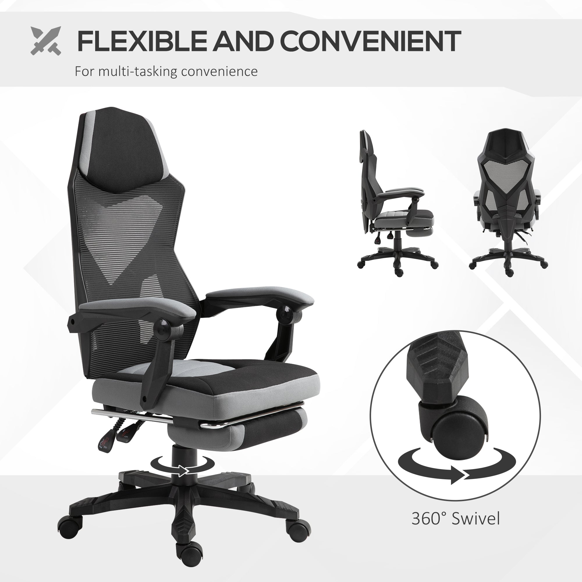 Home Office Chair Adjustable Height Recliner with Retractable Footrest, Mesh Back - Gray