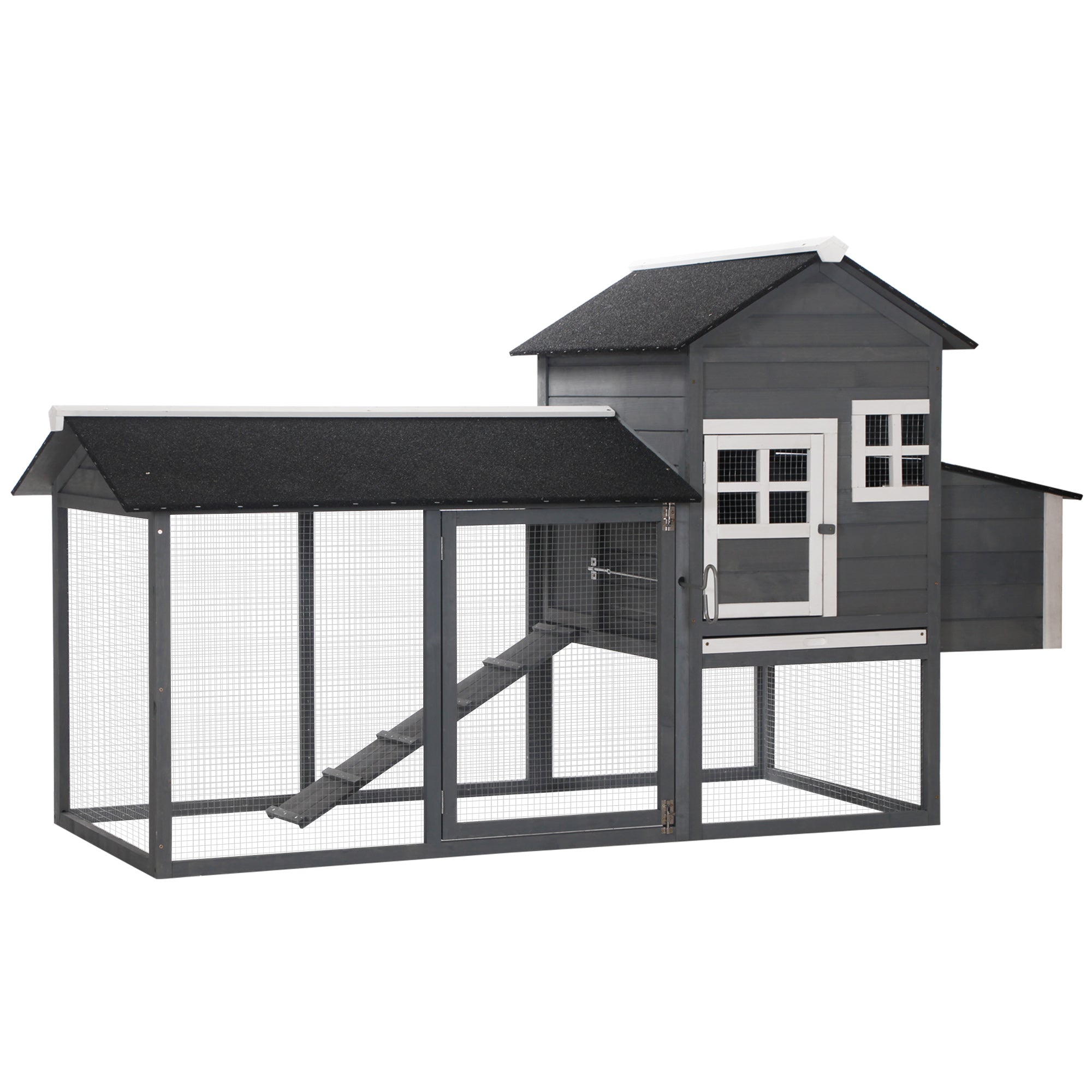 84" Wooden Chicken Coop, Hen House Outdoor with Run Nesting Box, Asphalt Roof, Removable Tray, Ramp, Poultry Cage for 2-3 Chickens, Gray - gray