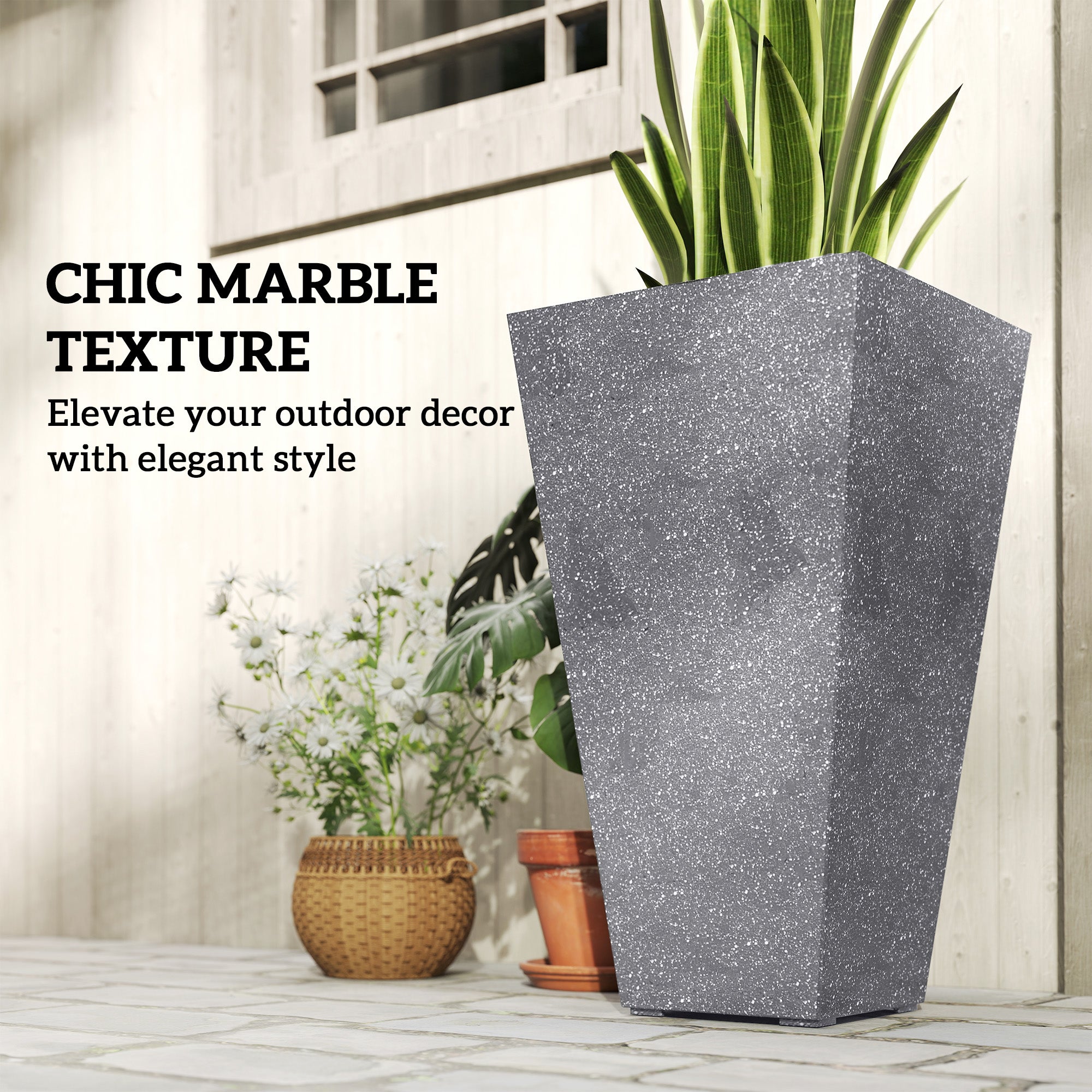 28" Tall Planters, Set of 3 Plastic Flower Pots with Marble Finish and Drainage Holes, Stackable Taper Planters, Gray - Gray - Image 5