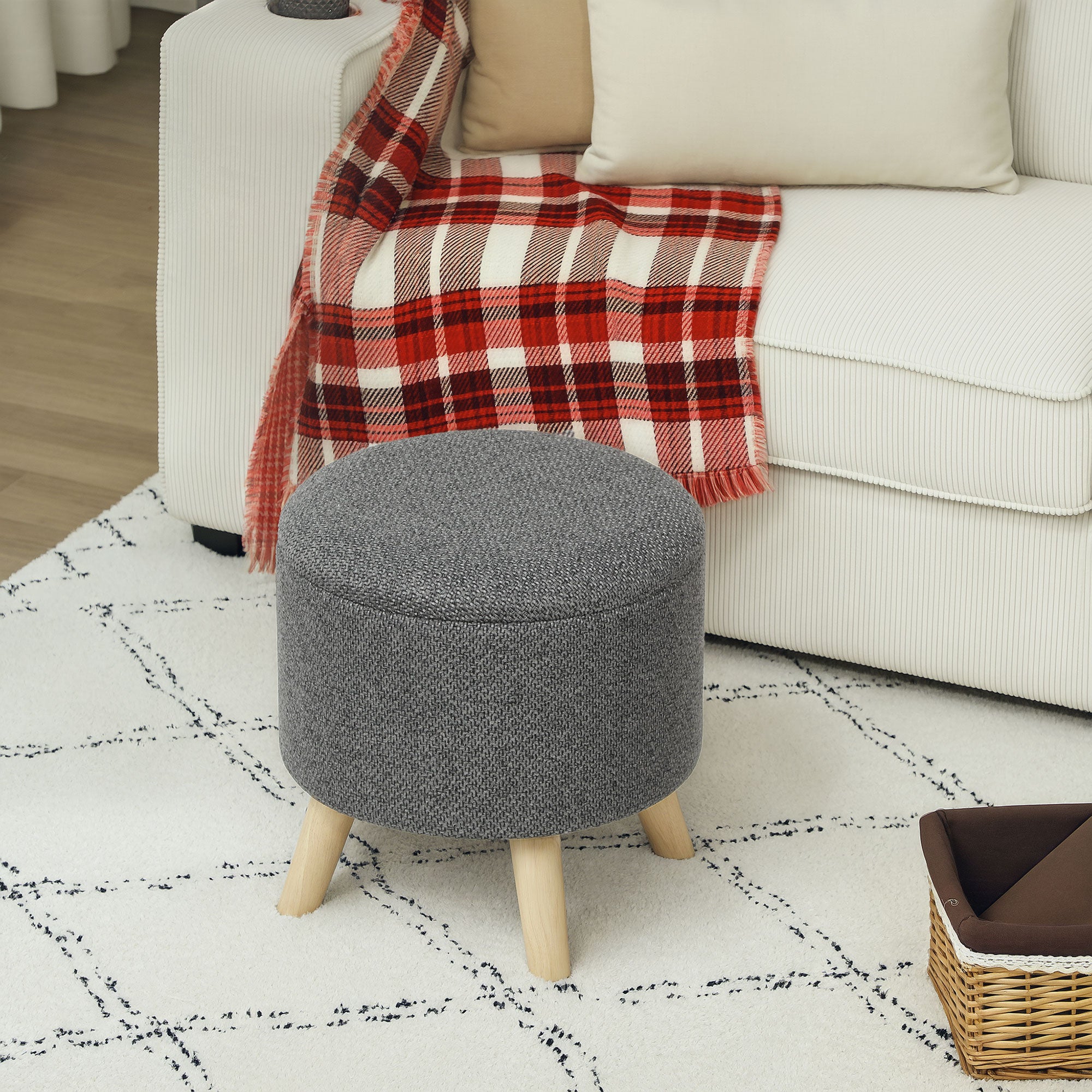Round Ottoman Stool with Storage, Linen Upholstered Foot Stool with Padded Seat, Hidden Space and Wood Legs, Gray