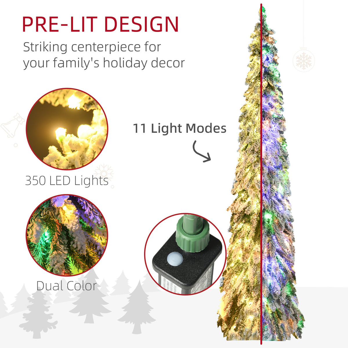 7' Artificial Slim Christmas Trees, with Snow Frosted Branches, Warm White or Colorful LED Lights, Downswept Shape