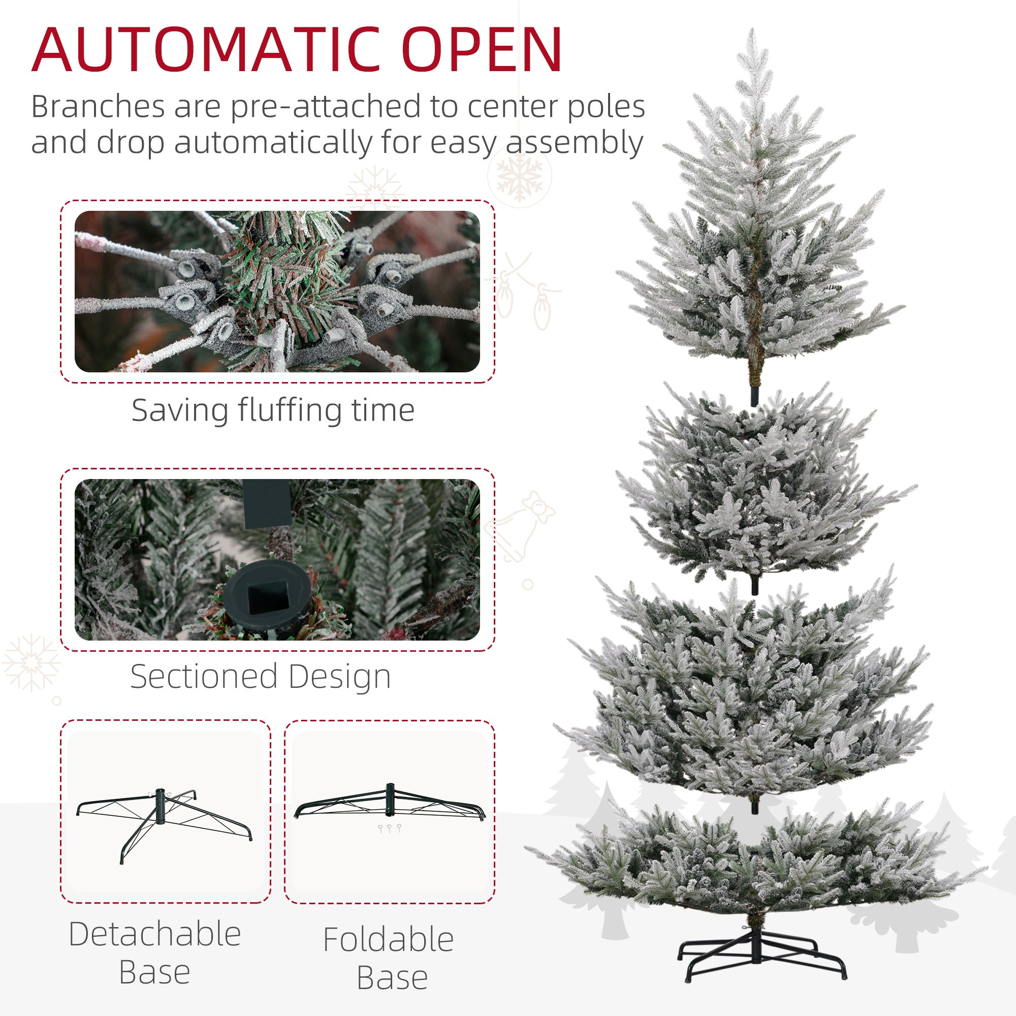 9 FT Artificial Christmas Tree, Flocked Hinged Xmas Tree with 1939 Tips, Steel Base, Auto Open, Green
