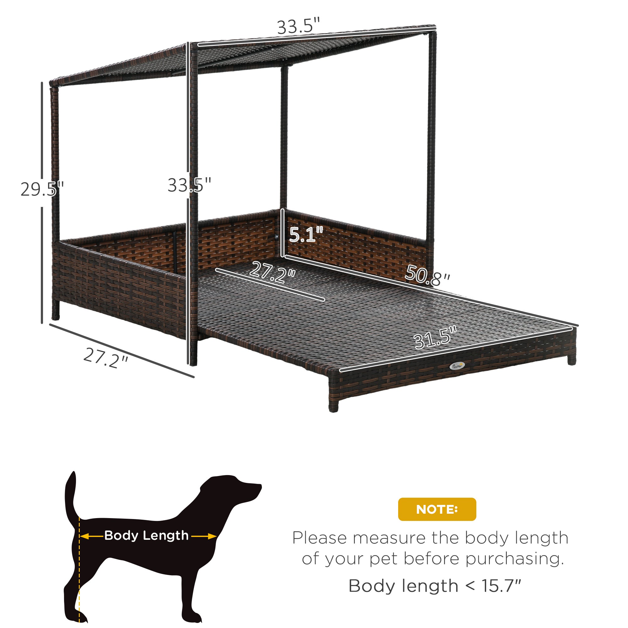 Outdoor Dog Bed, Extendable Wicker Dog Bed with Roof, Soft Cushion for Small and Medium Dogs, Mixed-Brown - Mixed-brown - Image 3
