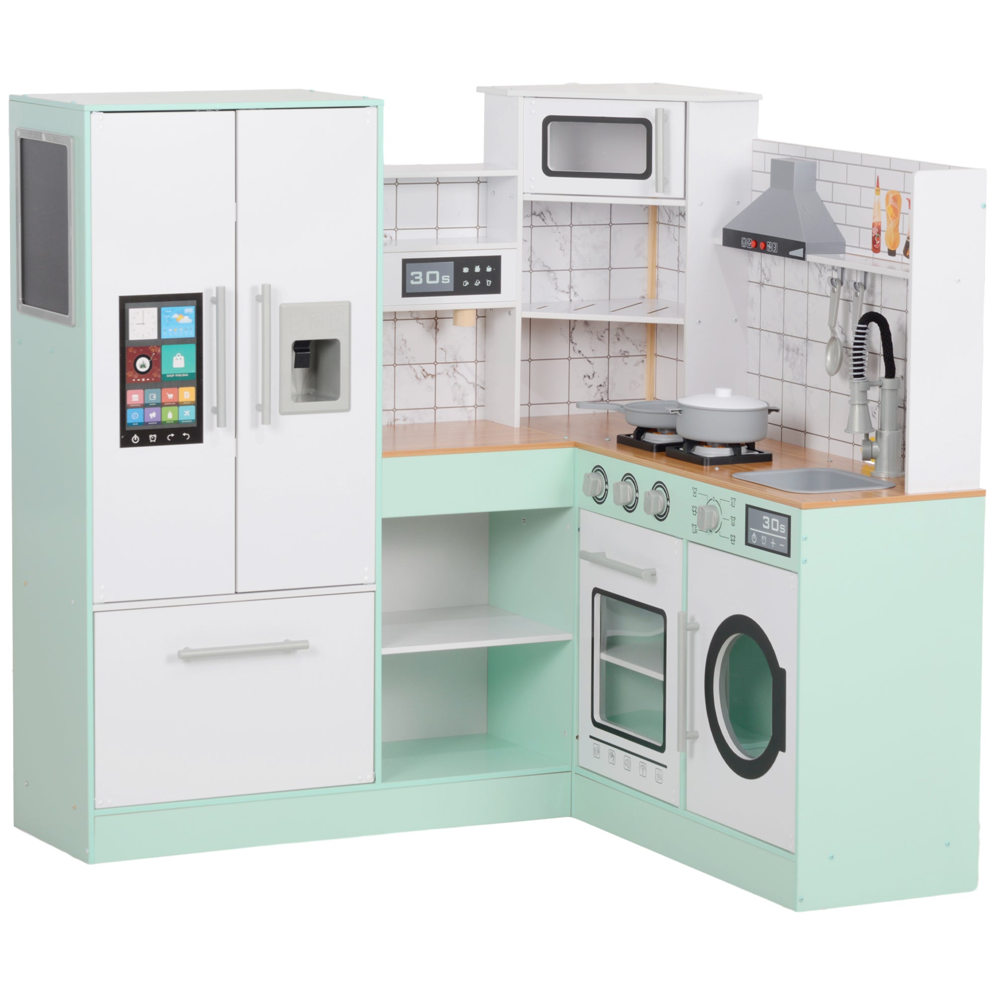 Play Kitchen, Corner Kids Kitchen Playset w/ Chalkboard, Range Hood, Ice Maker, Stove, Microwave, Sound & Lights