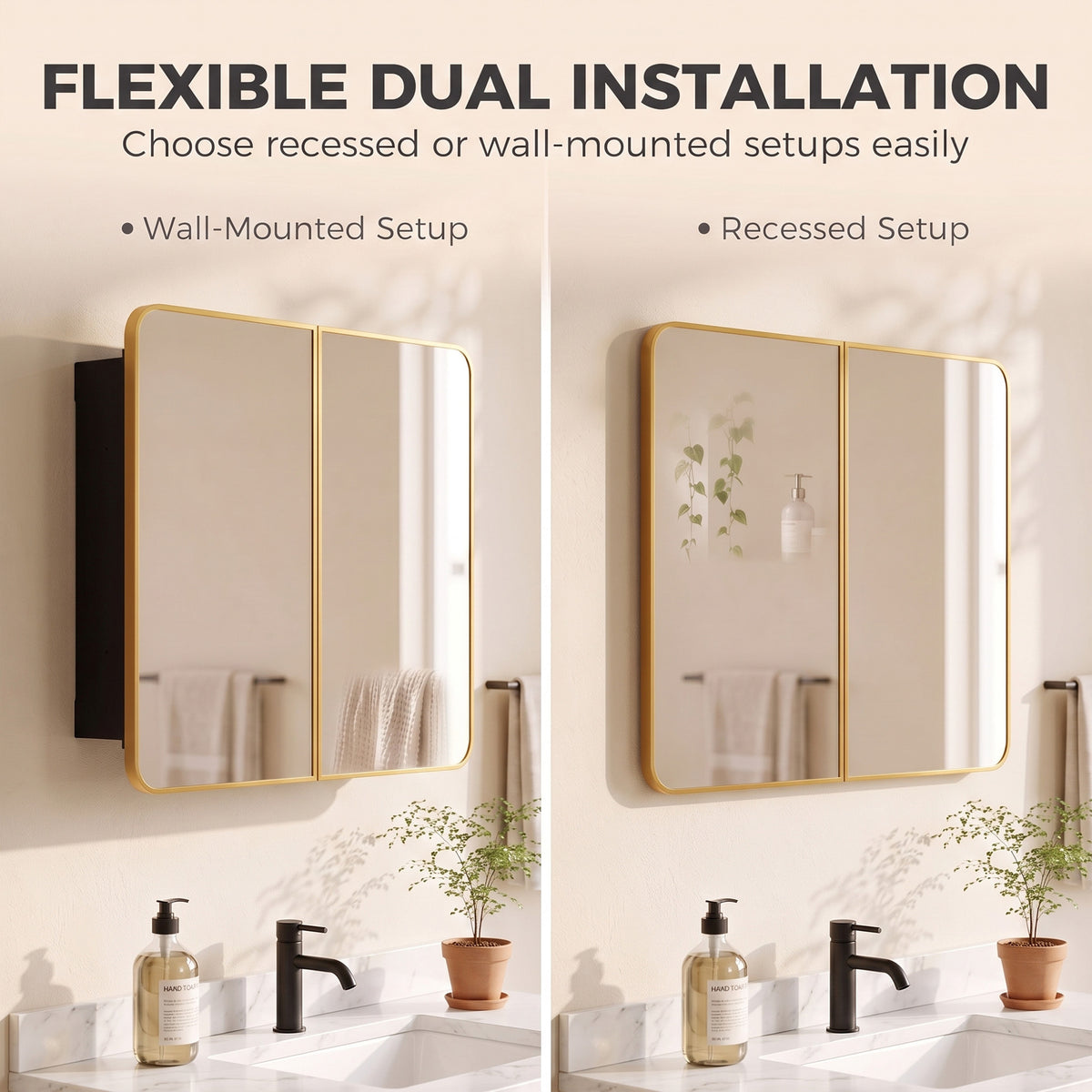 30" x 24" Medicine Cabinet with Mirror, Bathroom Mirror Cabinet with Adjustable Shelves, Wall-Mounted or Recessed, Gold