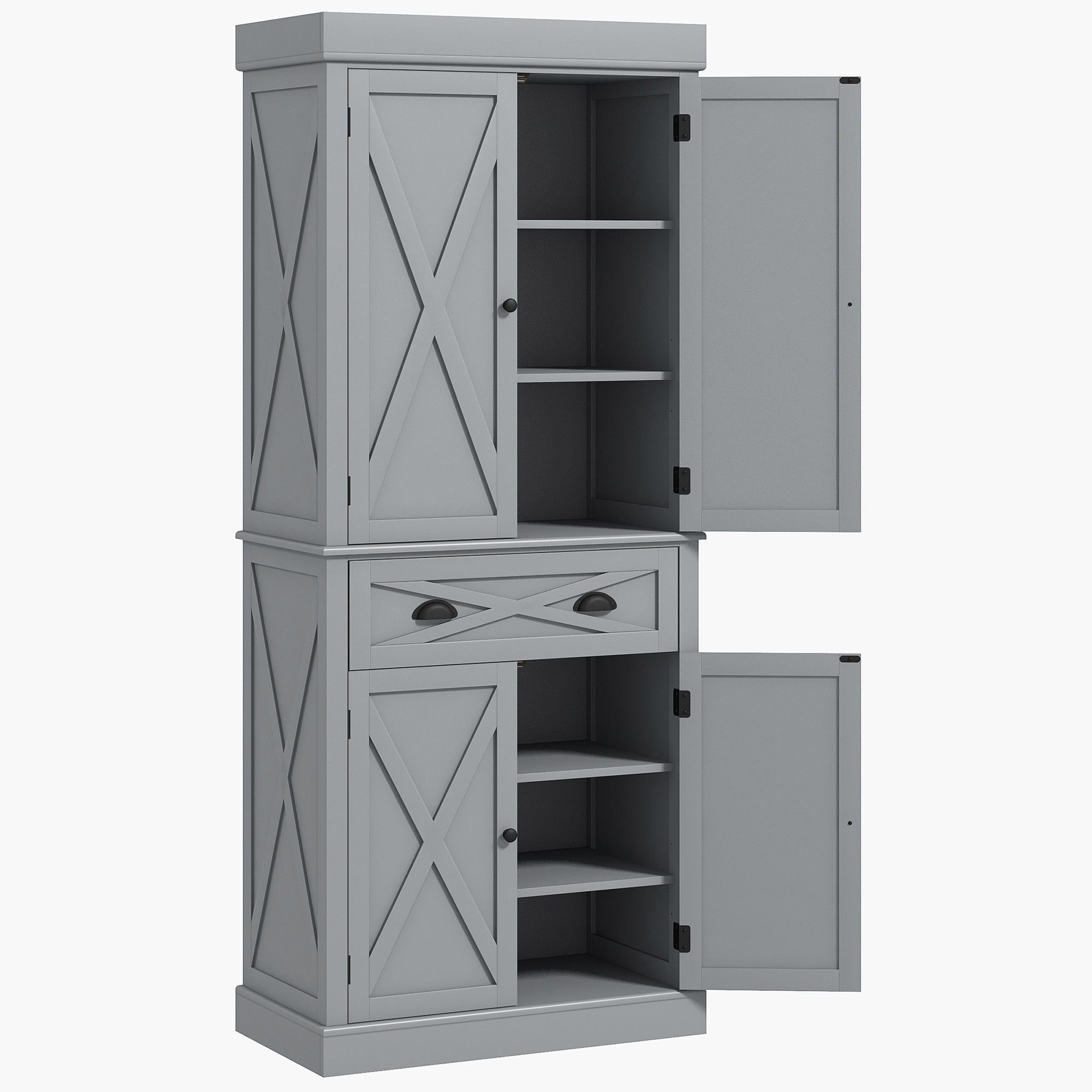 72" Kitchen Cabinet, Pantry Storage Cabinet with 4 Doors and 2 Adjustable Shelves, Large Central Drawer, Gray