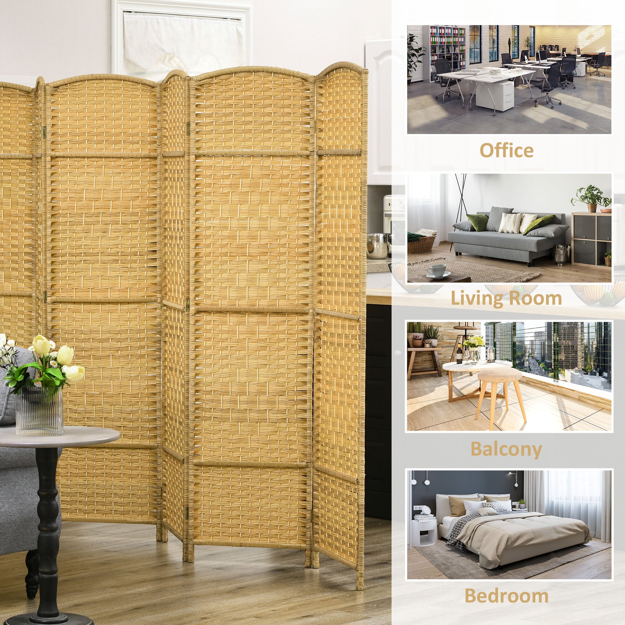 Folding Room Divider Screen 6 Panel 6' Tall Privacy Screen Freestanding Wood Partition for Home Office, Nature Wood