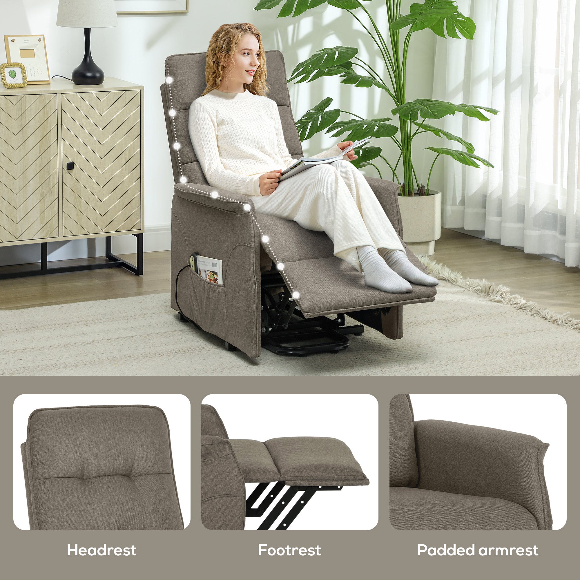 Power Lift Chair for Elderly, Fabric Recliner Sofa with Remote Control, Side Pockets, Quick Assembly, Coffee