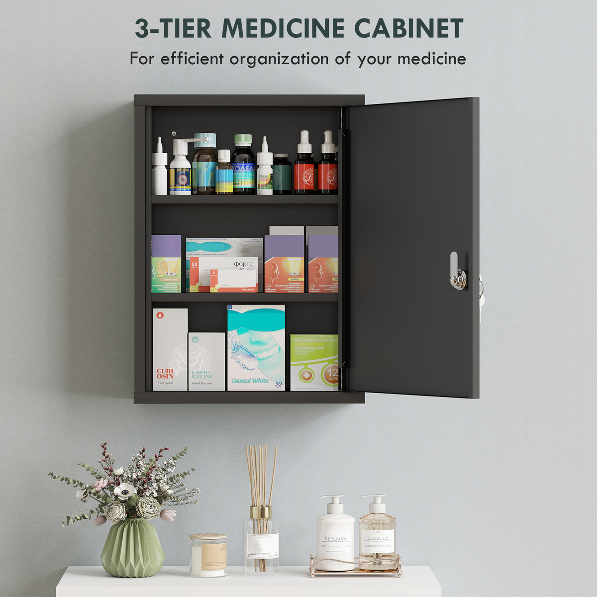 16" x 21" Lockable Medicine Cabinet, 3 Tier Steel Medical Wall Box with 2 Keys and Shelves for Bathroom, Black